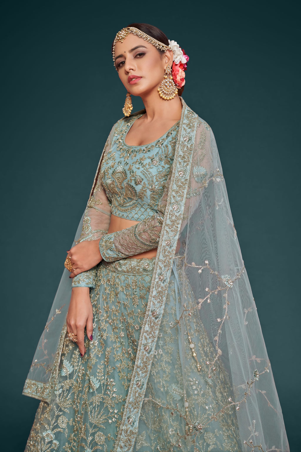 AQUA BLUE SOFT NET LEHENGA CHOLI
