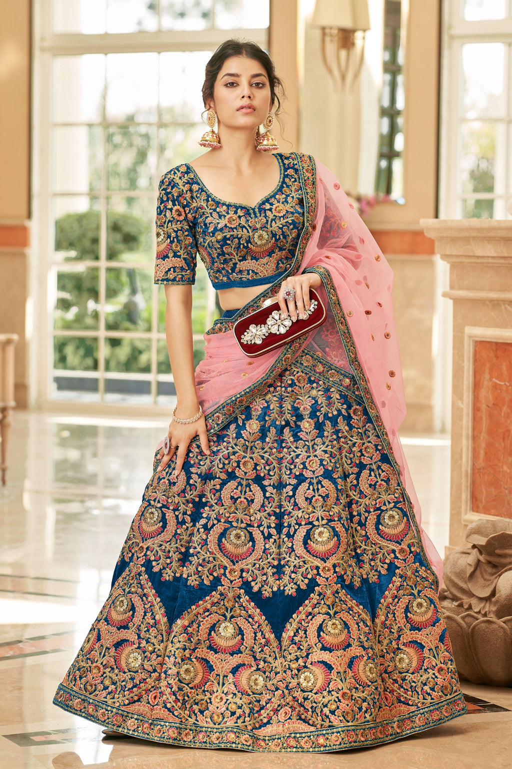 SAPPHIRE BLUE VELVET BRIDAL LEHENGA CHOLI