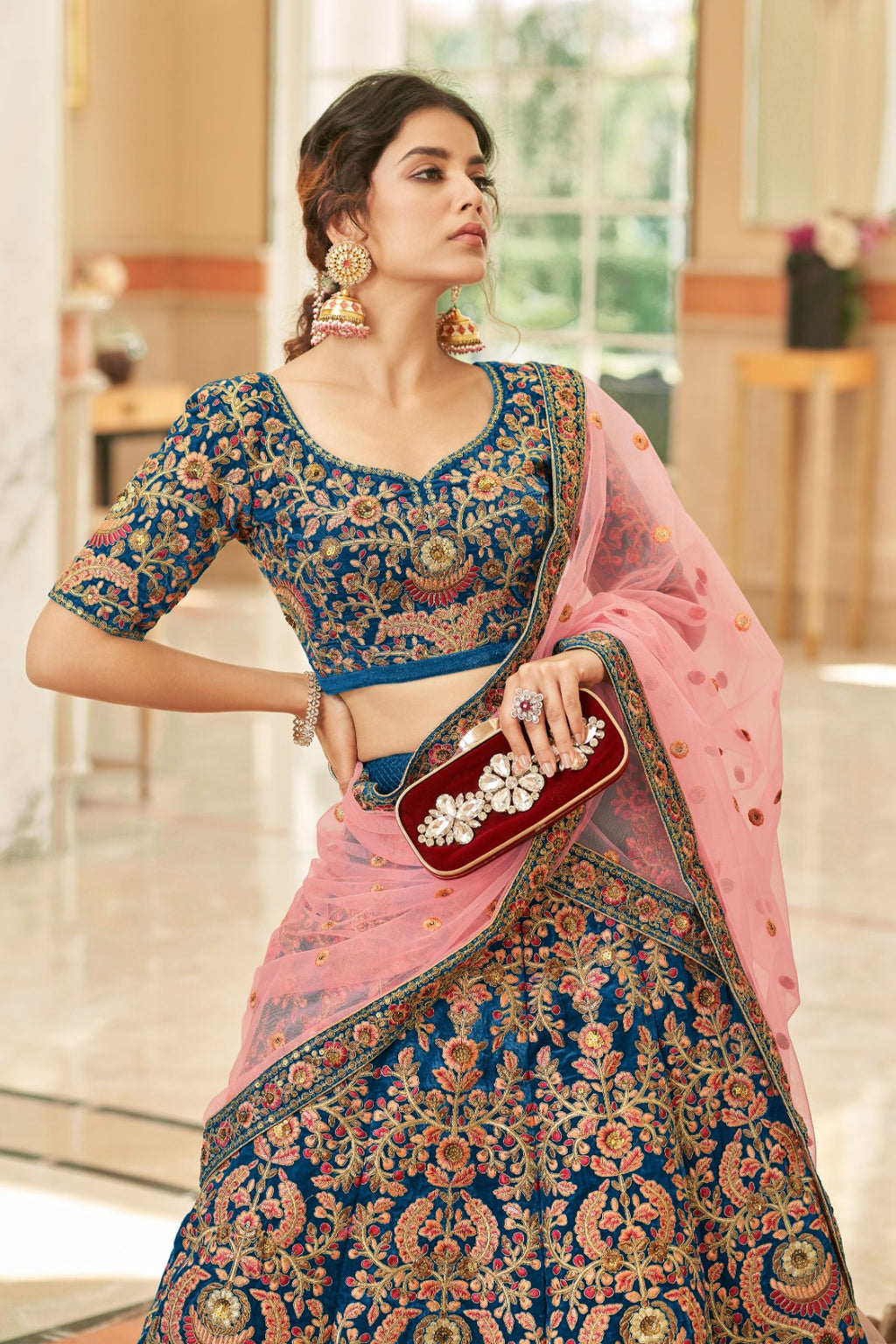 SAPPHIRE BLUE VELVET BRIDAL LEHENGA CHOLI
