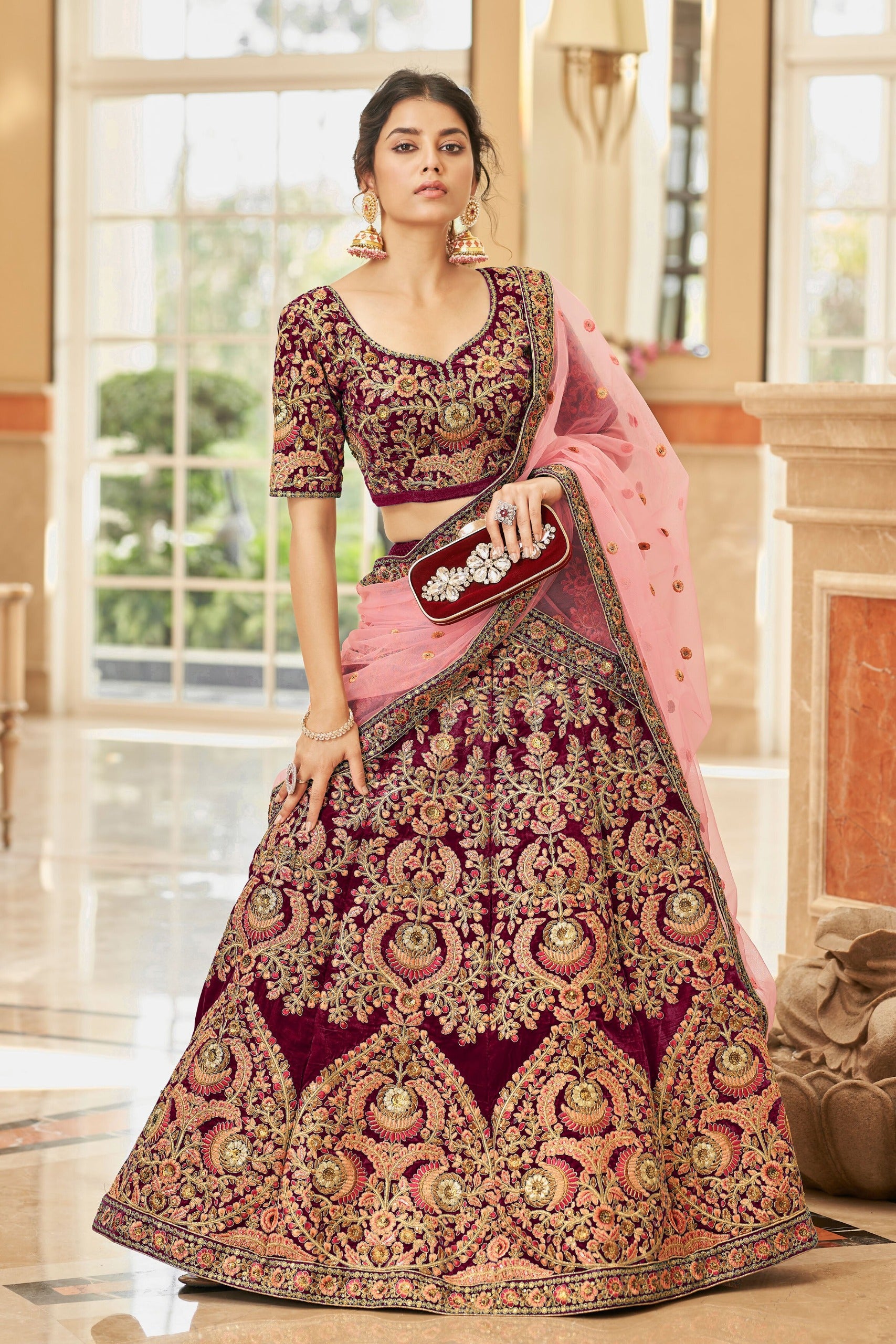 MAROON VELVET BRIDAL LEHENGA CHOLI