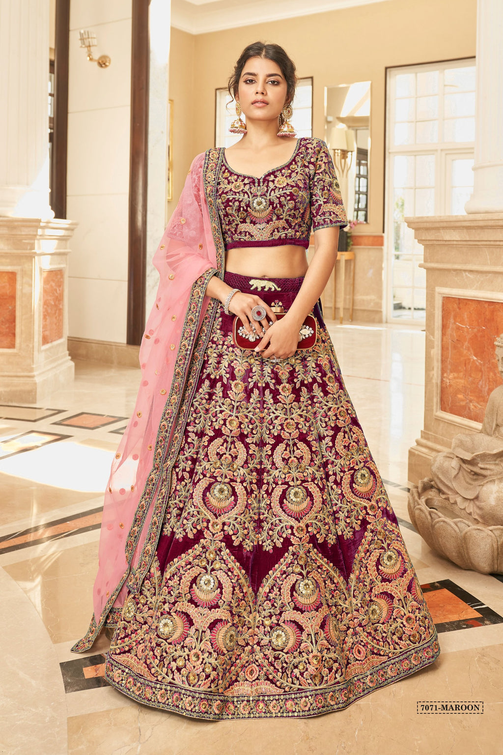 MAROON VELVET BRIDAL LEHENGA CHOLI