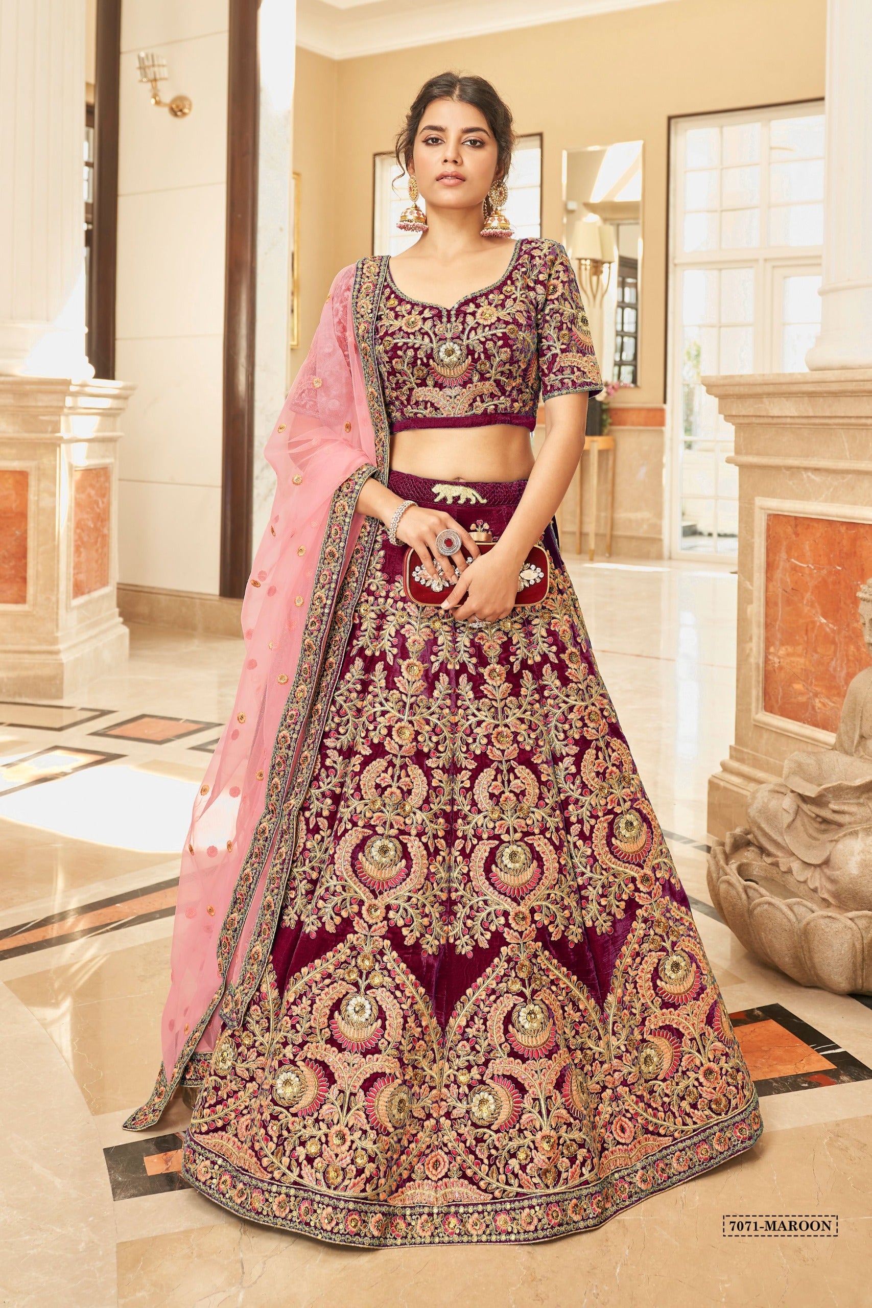 MAROON VELVET BRIDAL LEHENGA CHOLI