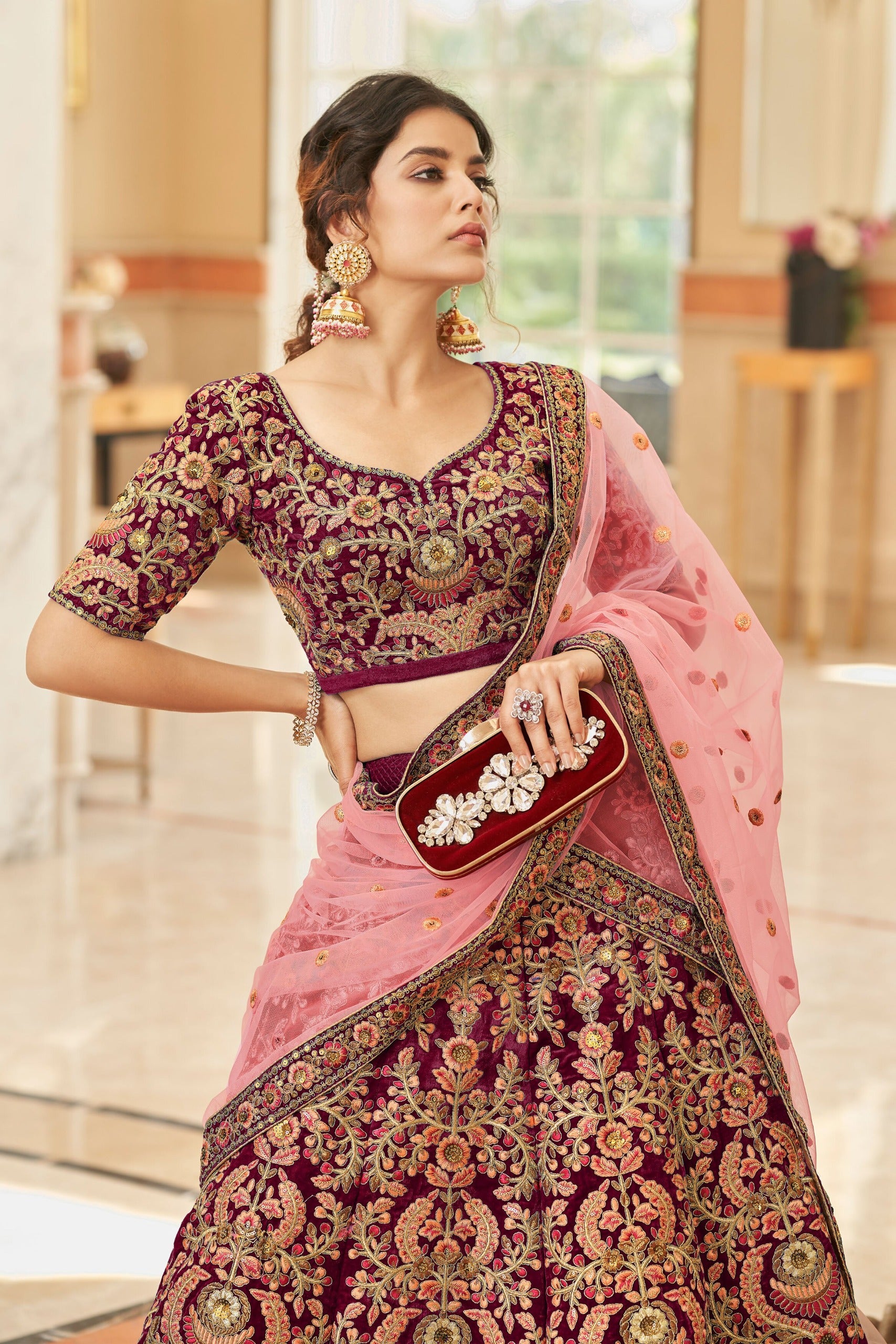 MAROON VELVET BRIDAL LEHENGA CHOLI