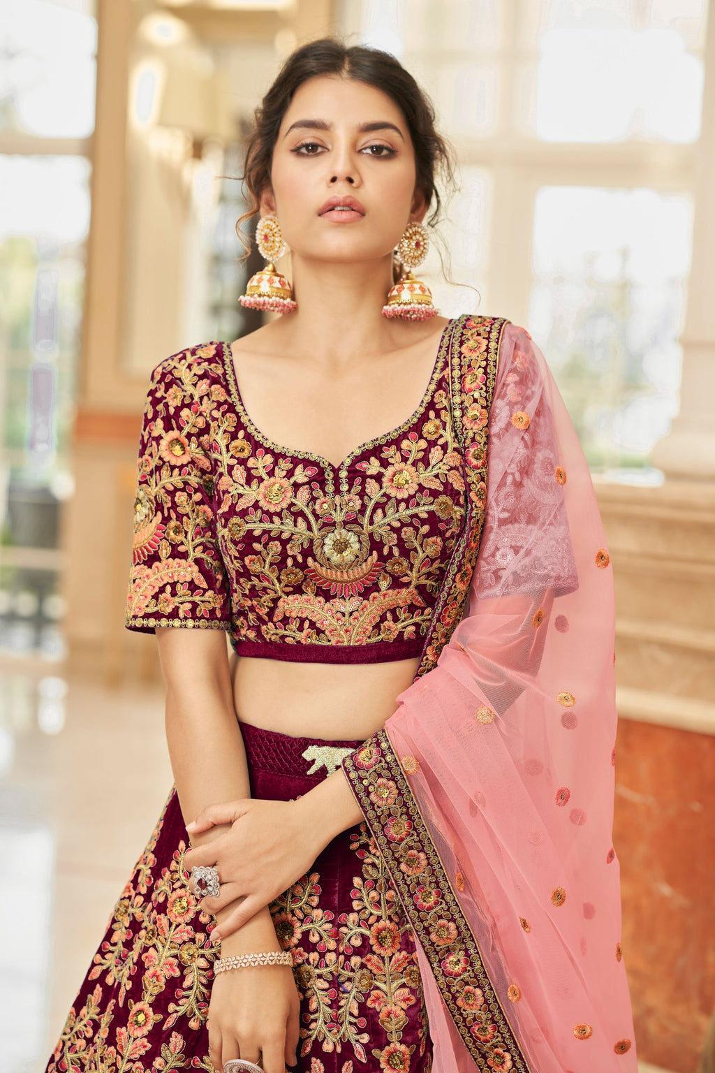 MAROON VELVET BRIDAL LEHENGA CHOLI