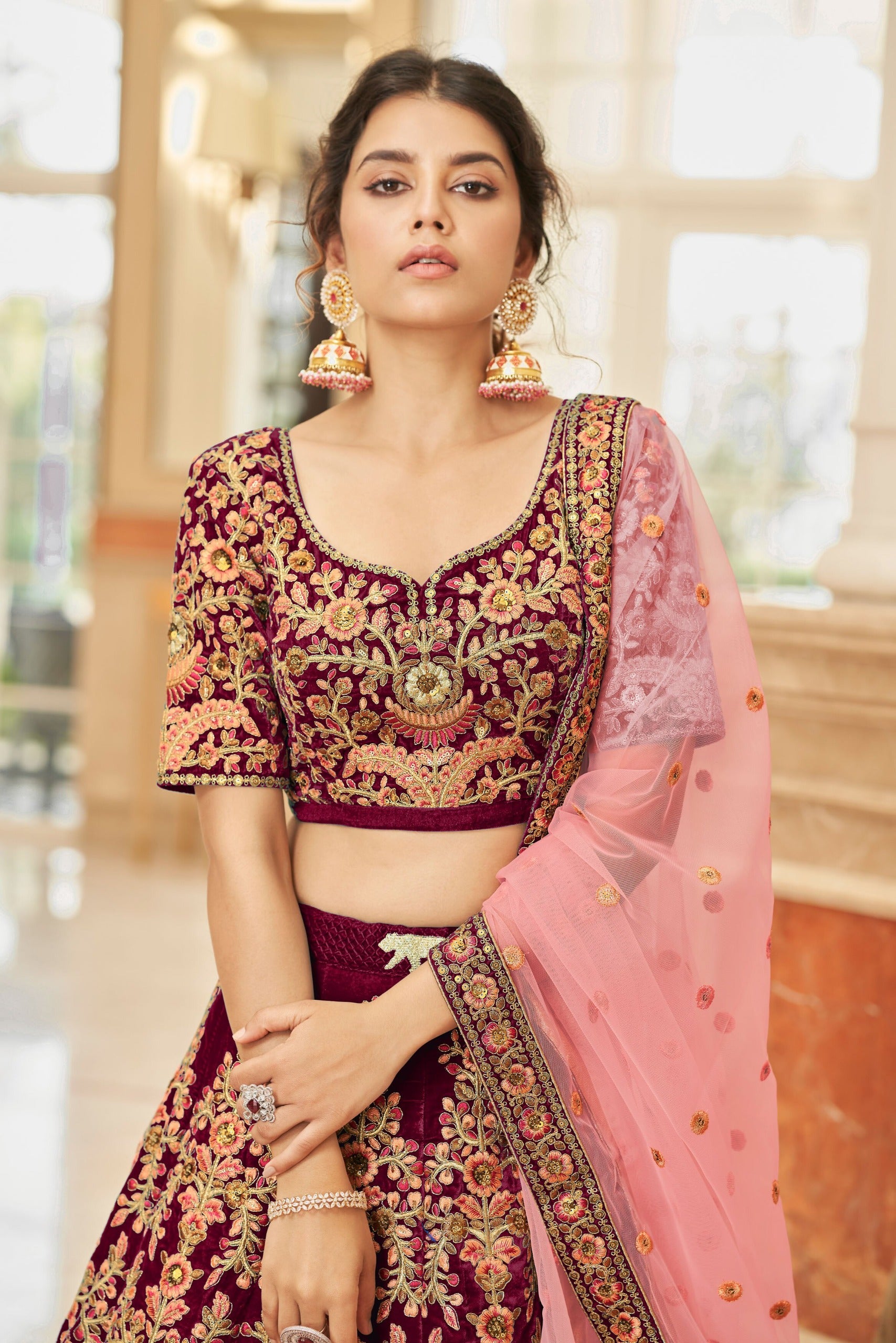 MAROON VELVET BRIDAL LEHENGA CHOLI