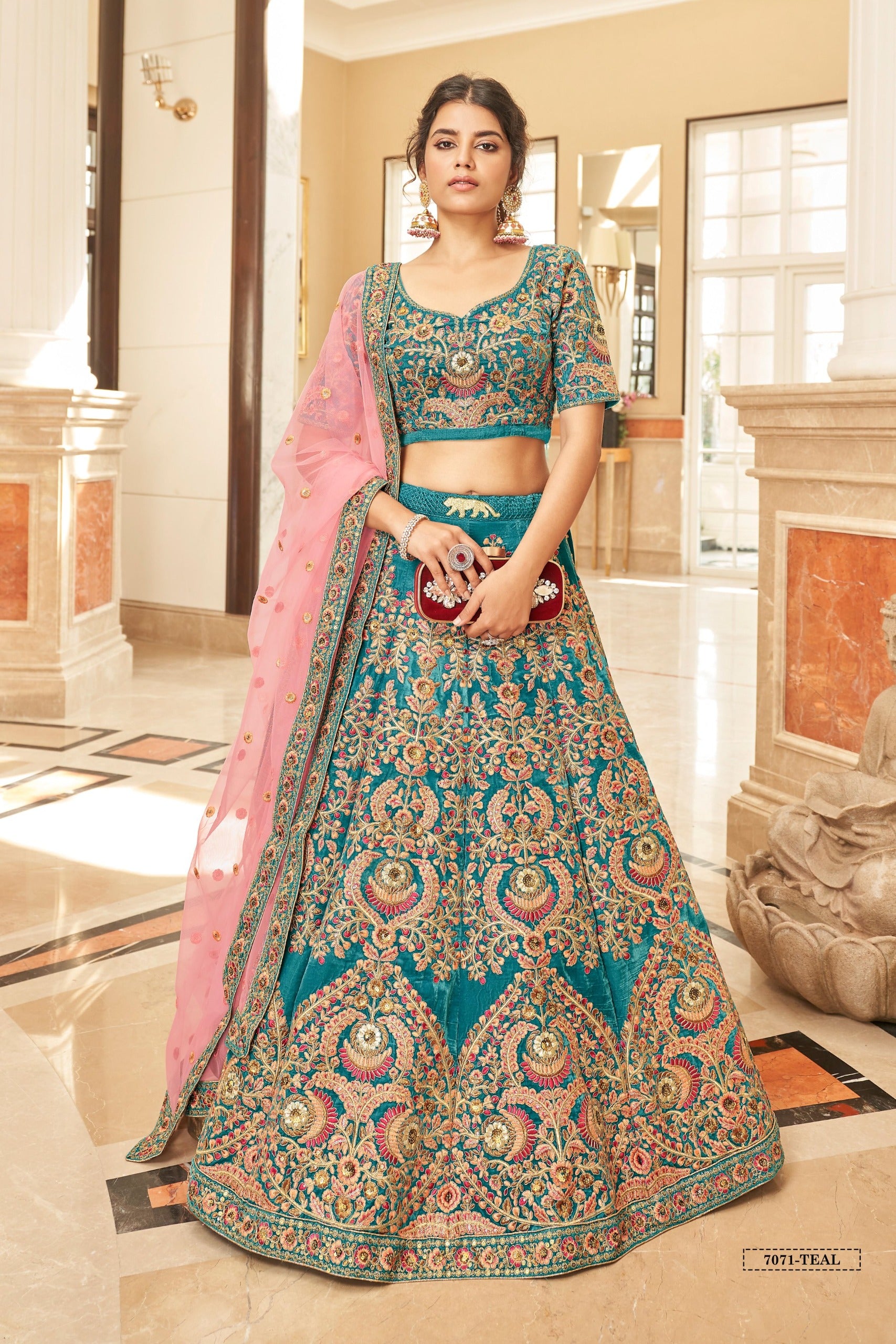 TEAL BLUE VELVET BRIDAL LEHENGA CHOLI