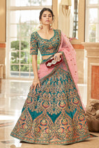 TEAL BLUE VELVET BRIDAL LEHENGA CHOLI