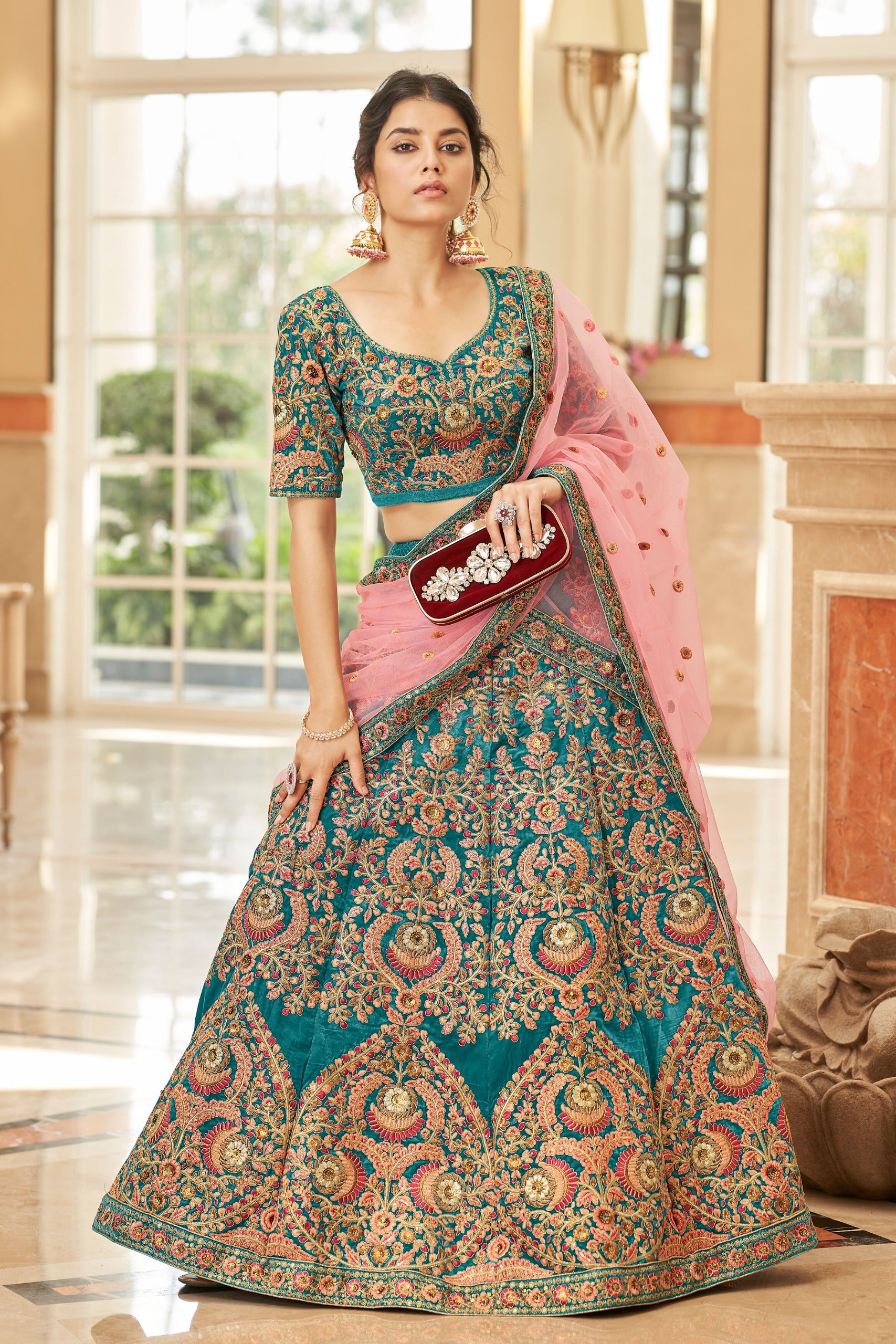 TEAL BLUE VELVET BRIDAL LEHENGA CHOLI