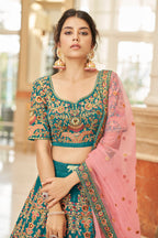 TEAL BLUE VELVET BRIDAL LEHENGA CHOLI