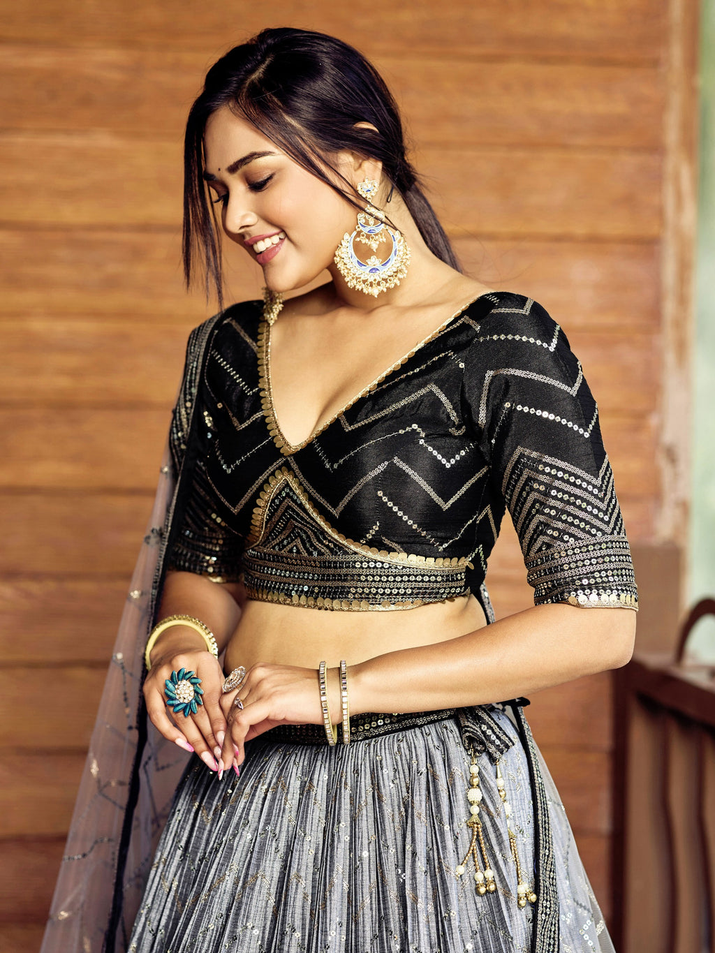BLACK SEQUINS RECEPTION LEHENGA CHOLI