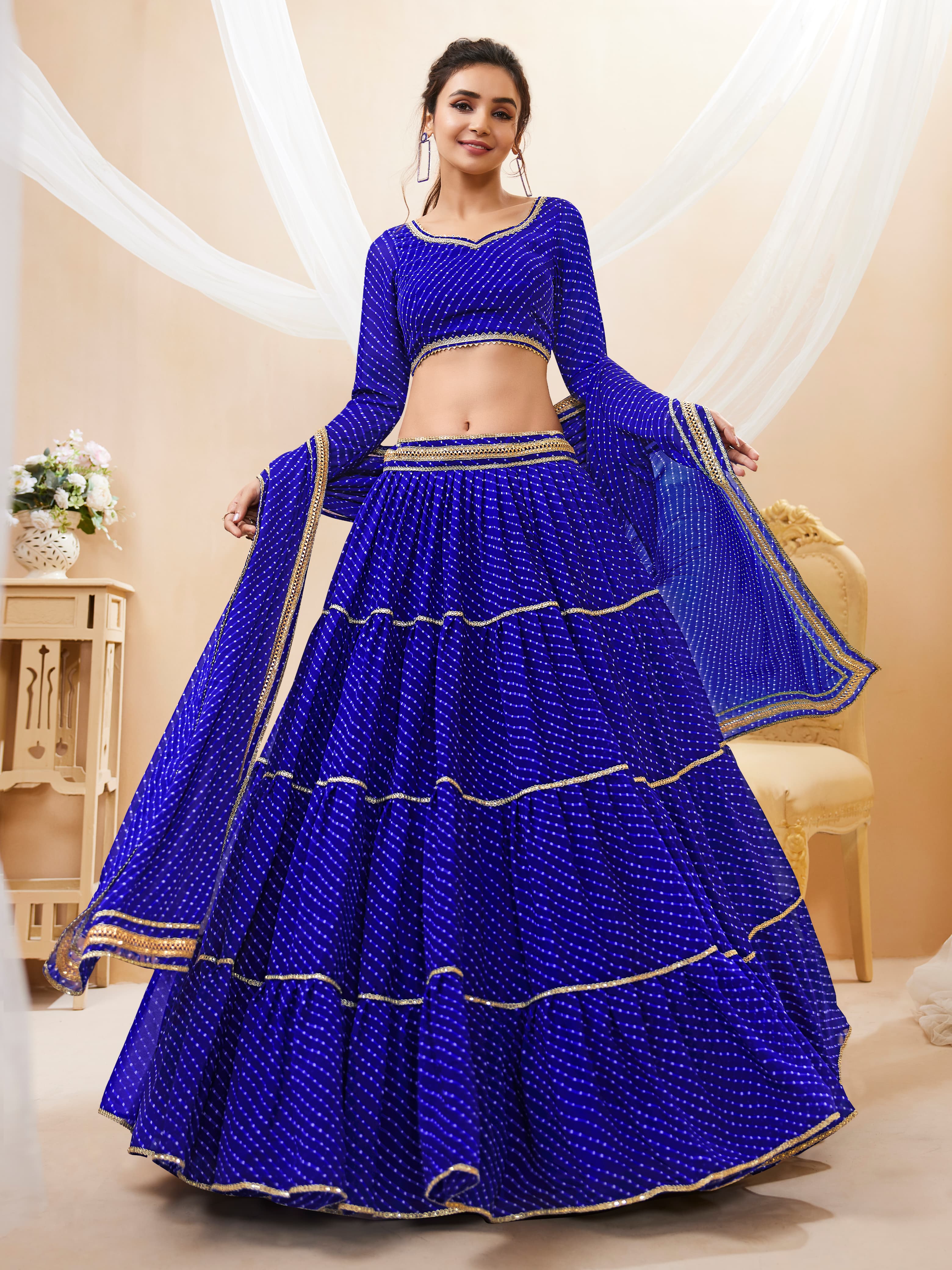 INK BLUE LEHERIYA GEORGETTE LEHENGA CHOLI
