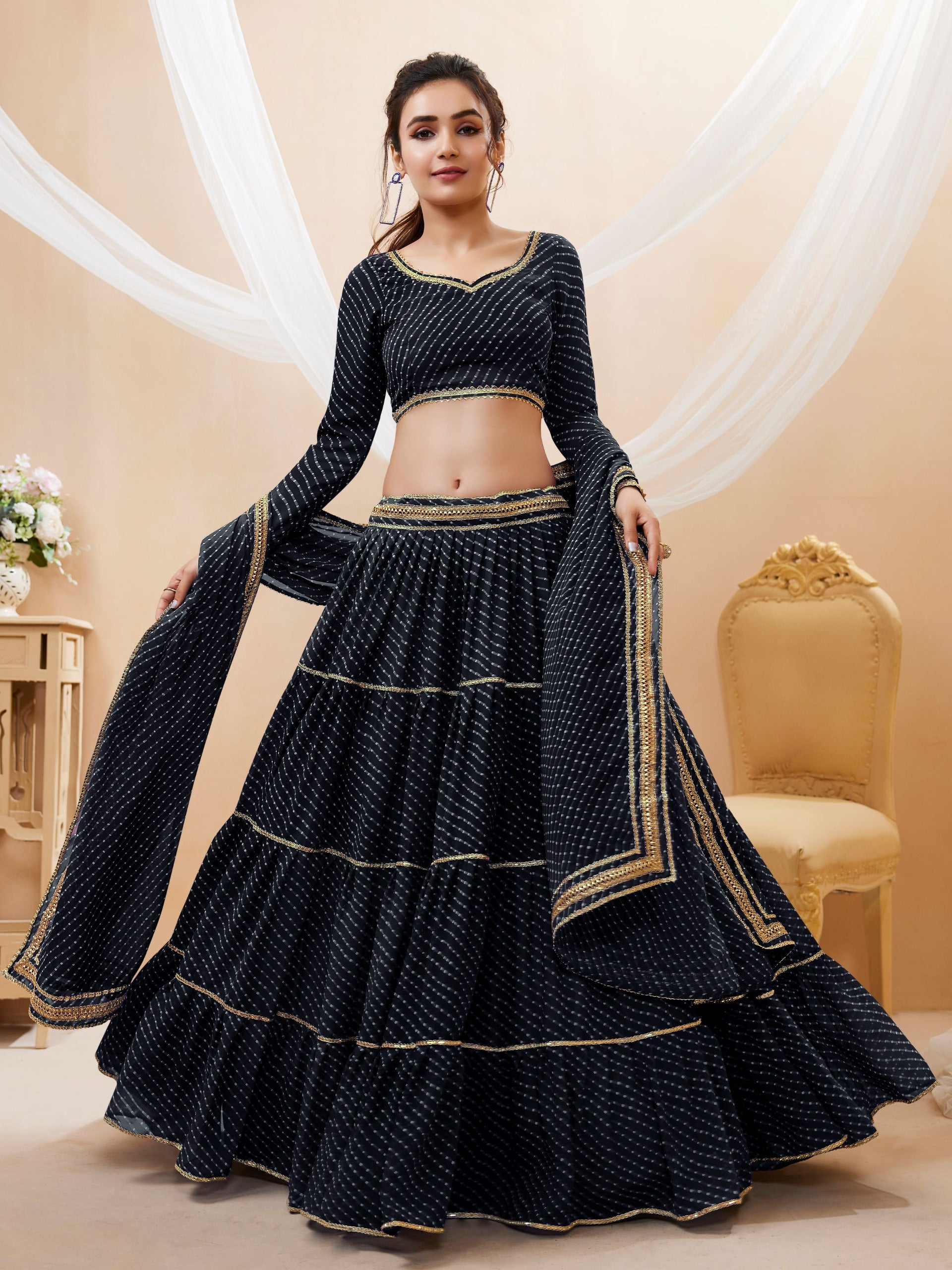 INK BLACK LEHERIYA GEORGETTE LEHENGA CHOLI