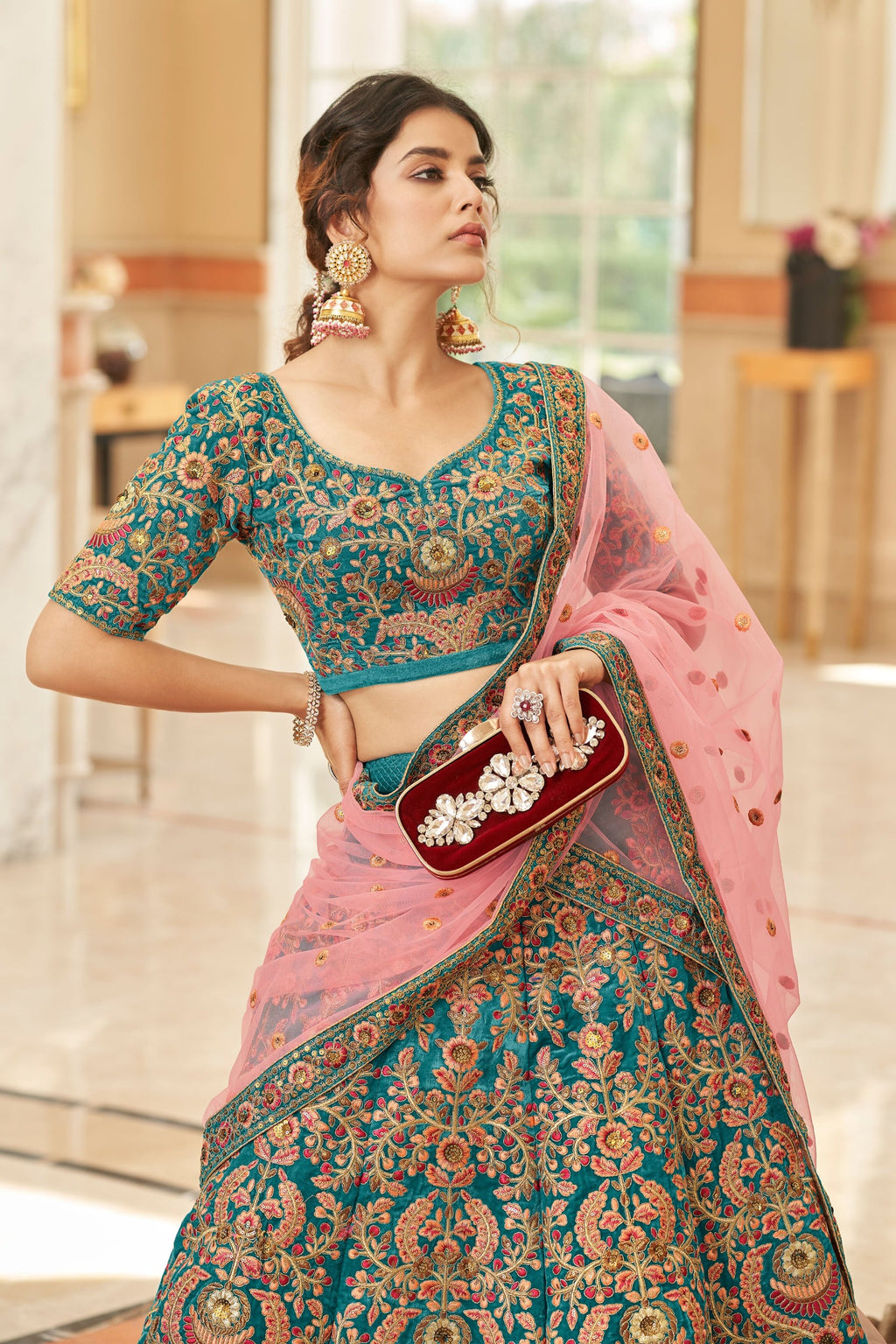TEAL BLUE VELVET BRIDAL LEHENGA CHOLI