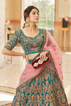 TEAL BLUE VELVET BRIDAL LEHENGA CHOLI