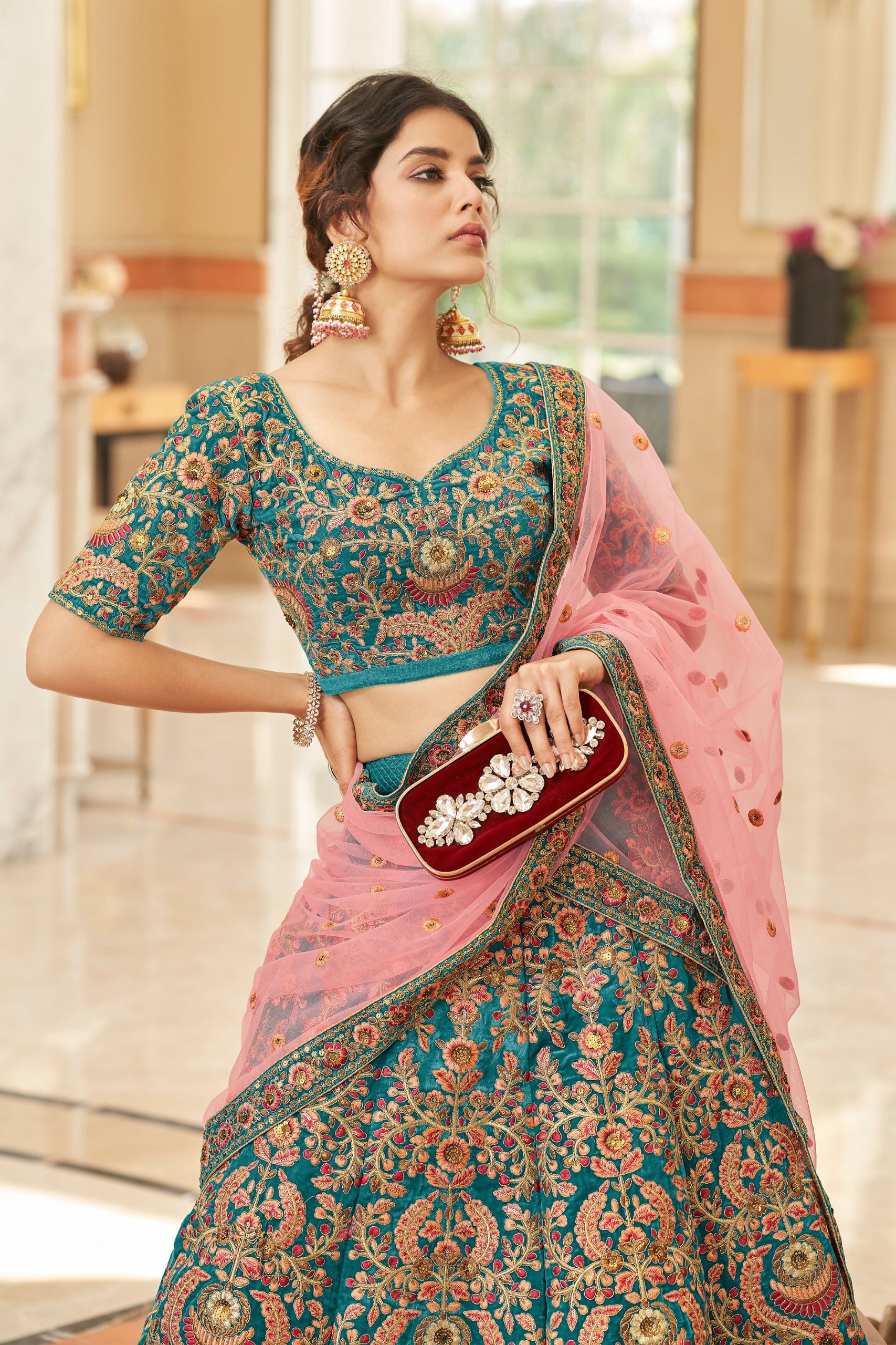 TEAL BLUE VELVET BRIDAL LEHENGA CHOLI