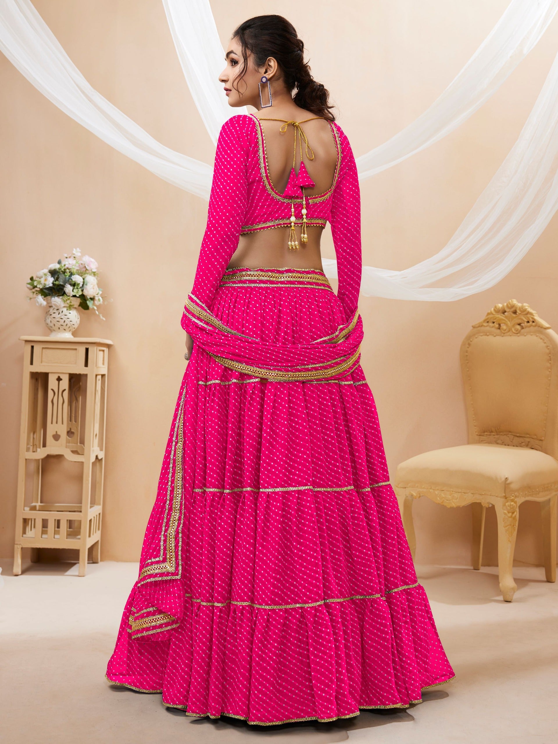 MEGENTA PINK LEHERIYA GEORGETTE LEHENGA