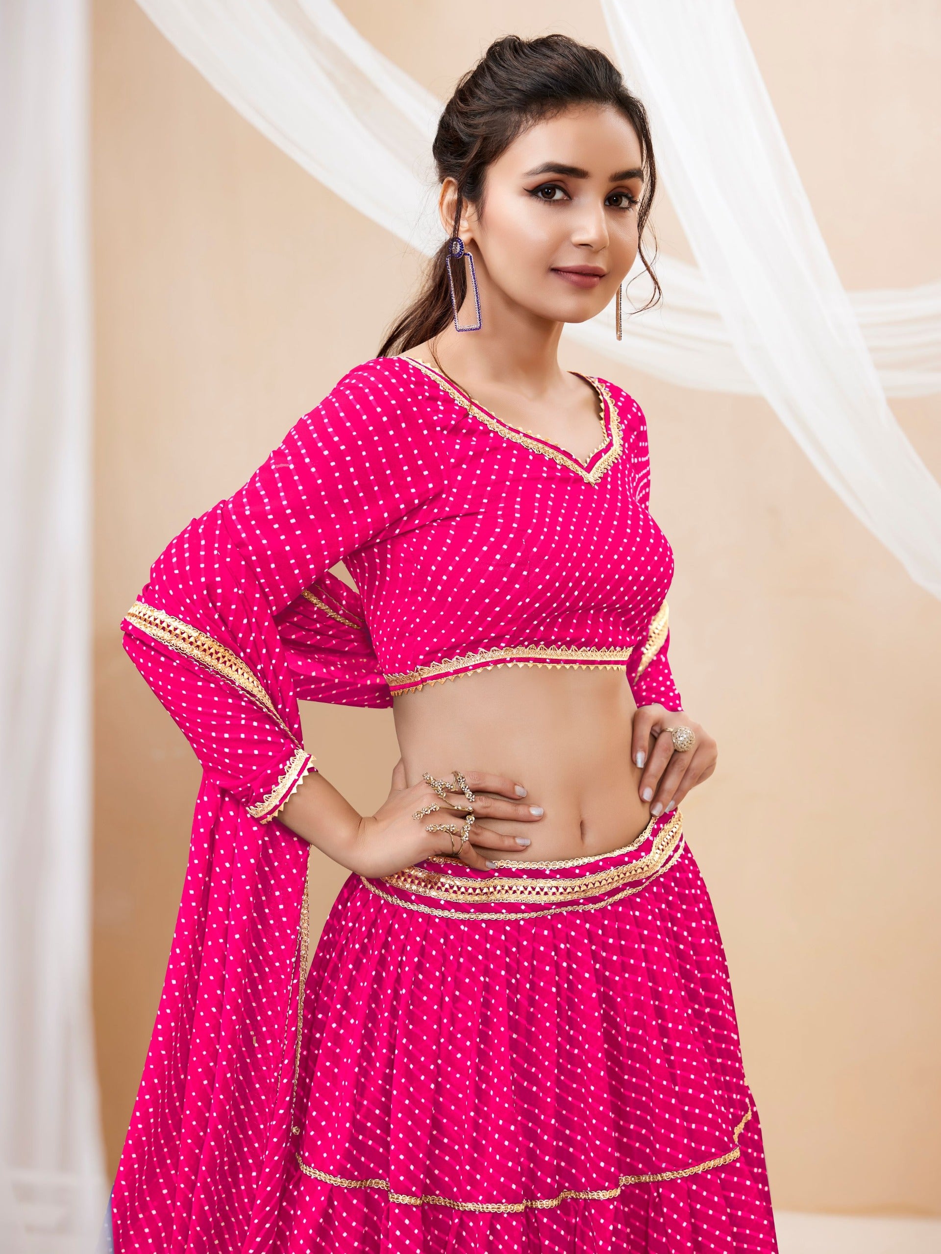 MEGENTA PINK LEHERIYA GEORGETTE LEHENGA
