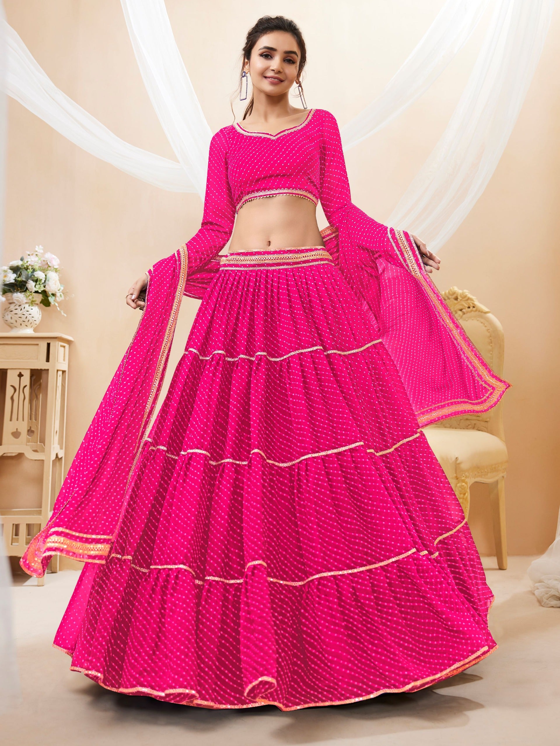 MEGENTA PINK LEHERIYA GEORGETTE LEHENGA
