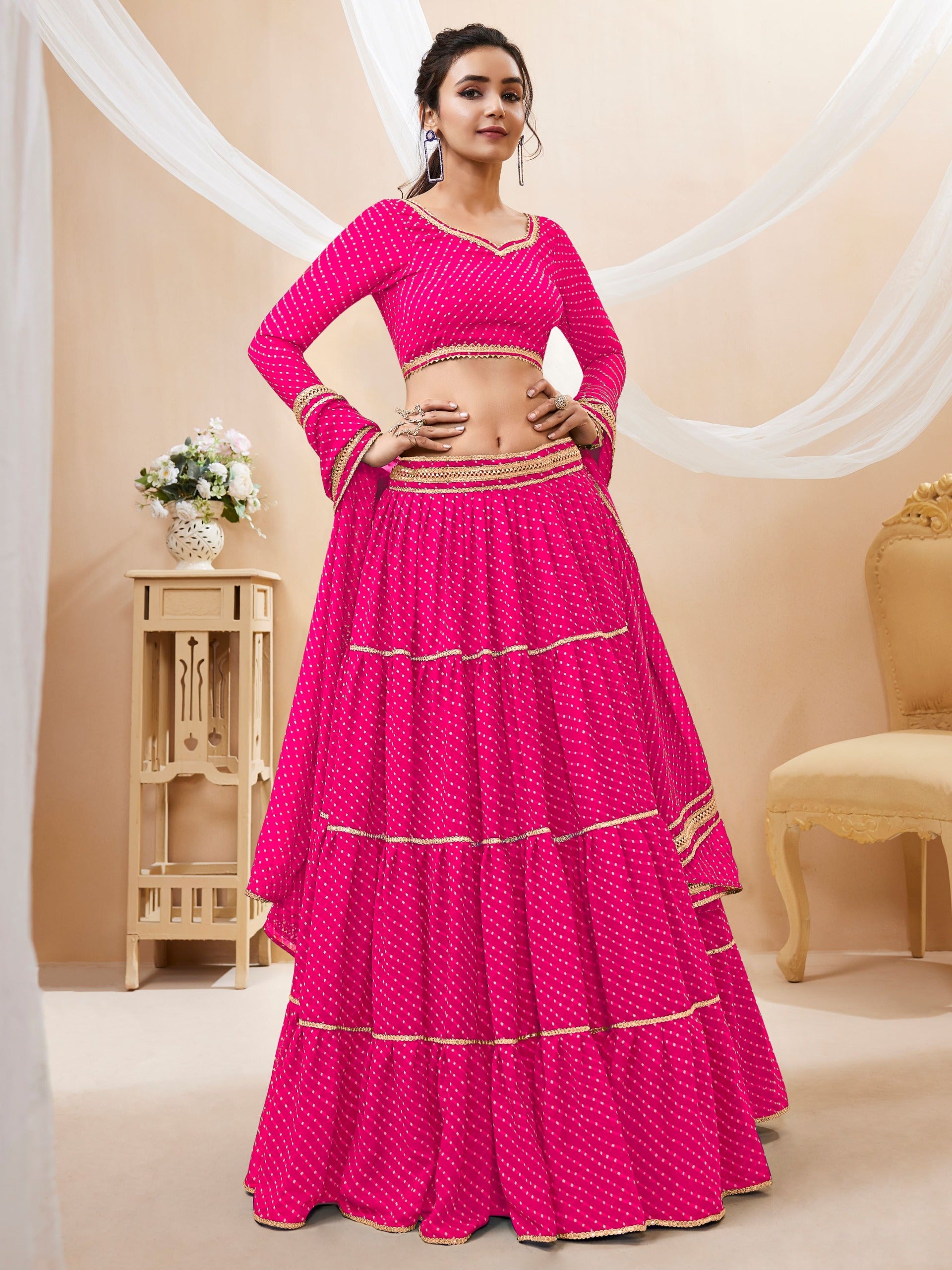 MEGENTA PINK LEHERIYA GEORGETTE LEHENGA