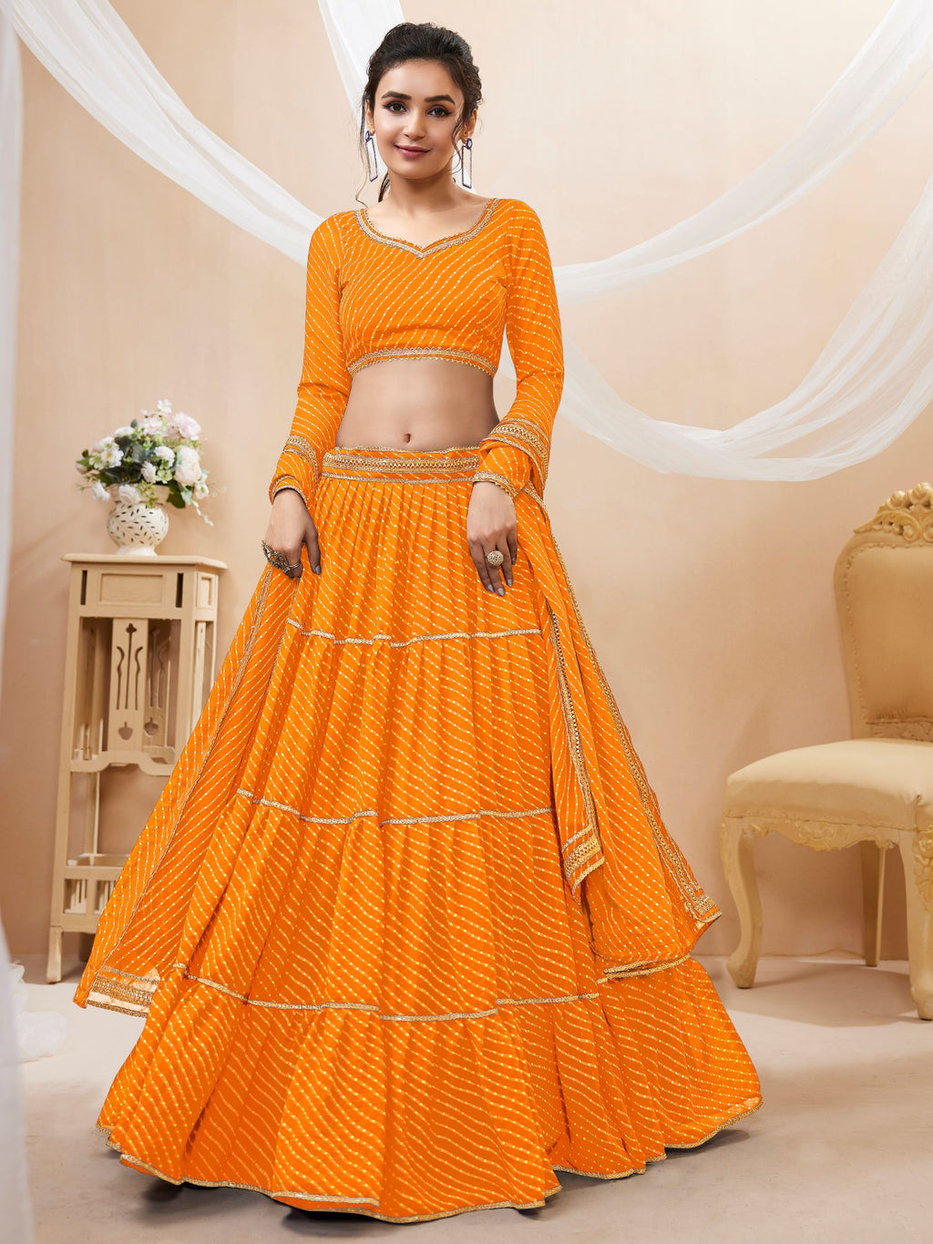 PUMPKIN ORNAGE LEHERIYA GEORGETTE LEHENGA CHOLI