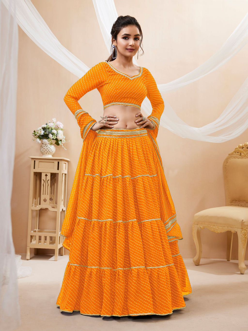 PUMPKIN ORNAGE LEHERIYA GEORGETTE LEHENGA CHOLI