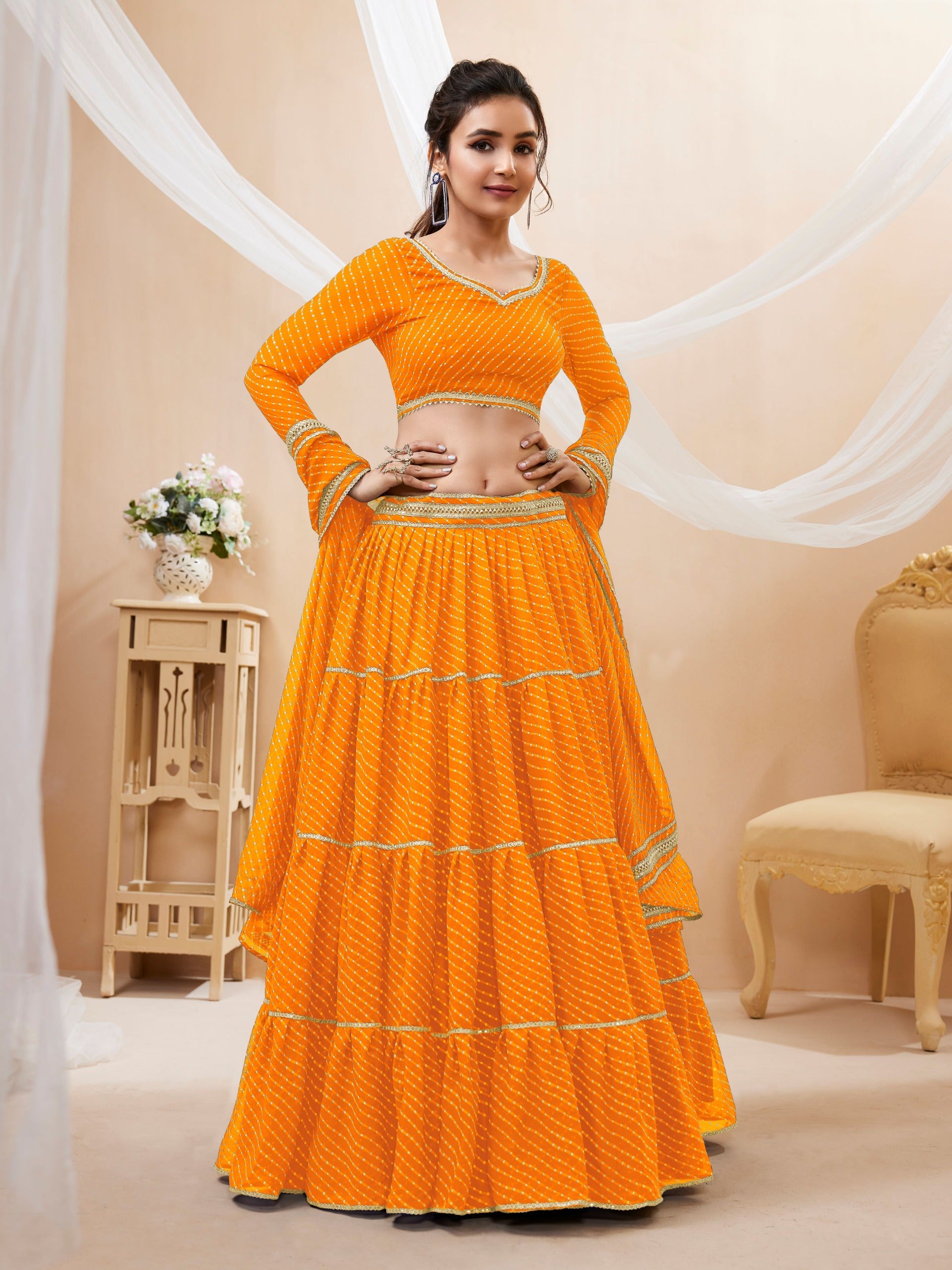 PUMPKIN ORNAGE LEHERIYA GEORGETTE LEHENGA CHOLI