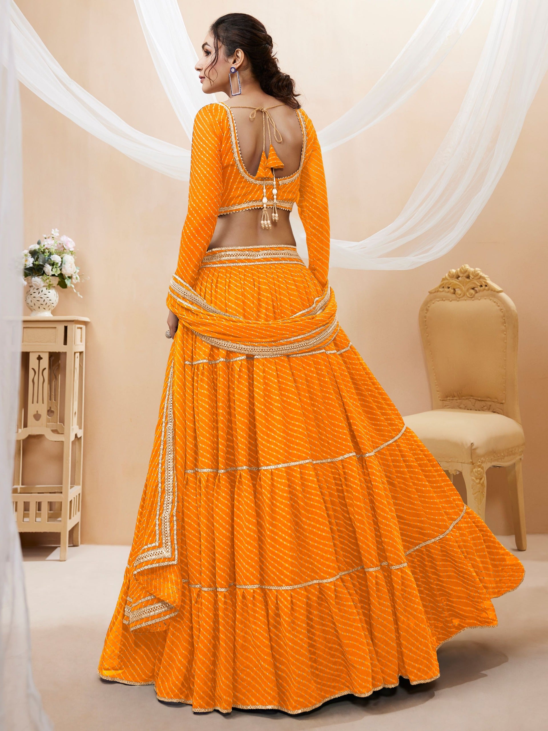 PUMPKIN ORNAGE LEHERIYA GEORGETTE LEHENGA CHOLI