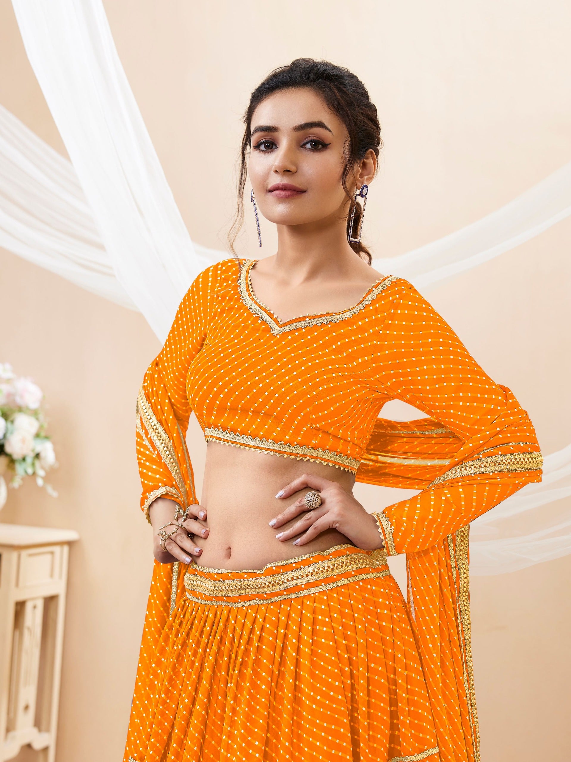 PUMPKIN ORNAGE LEHERIYA GEORGETTE LEHENGA CHOLI