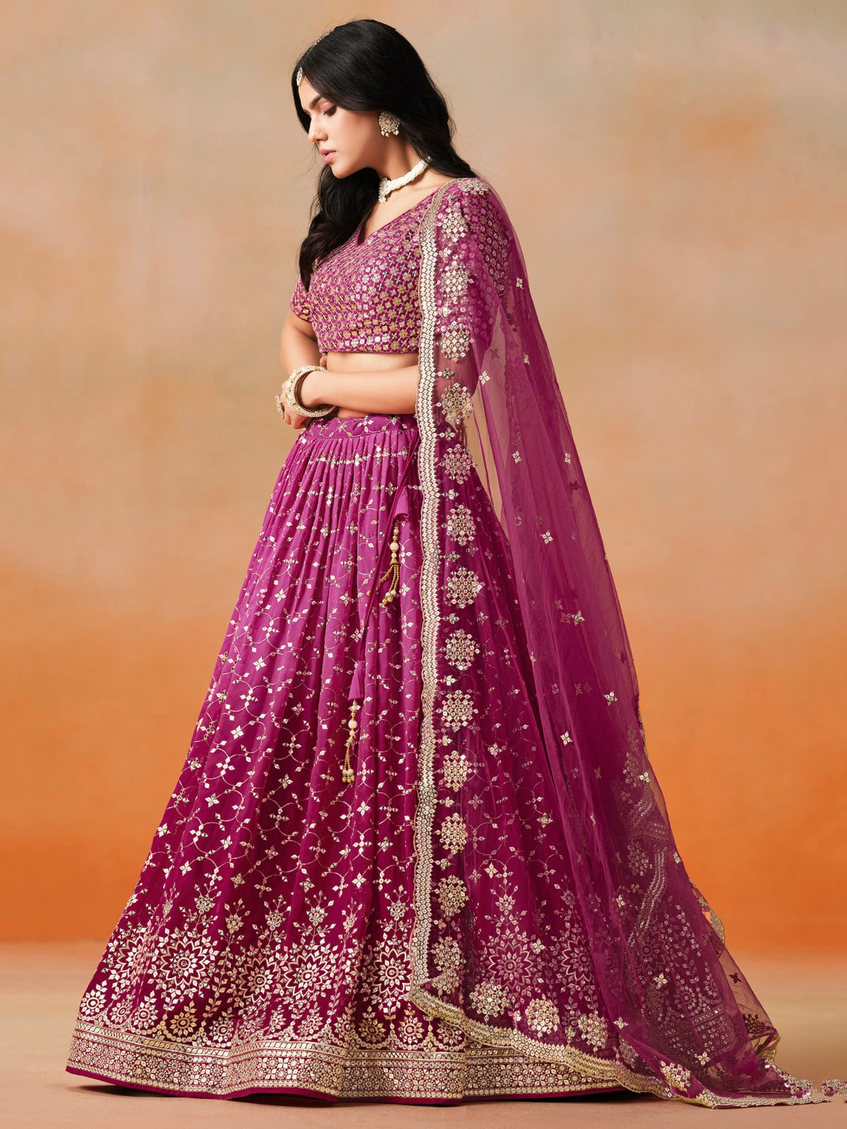 RED PINK GEORGETTE WEDDING LEHENGA
