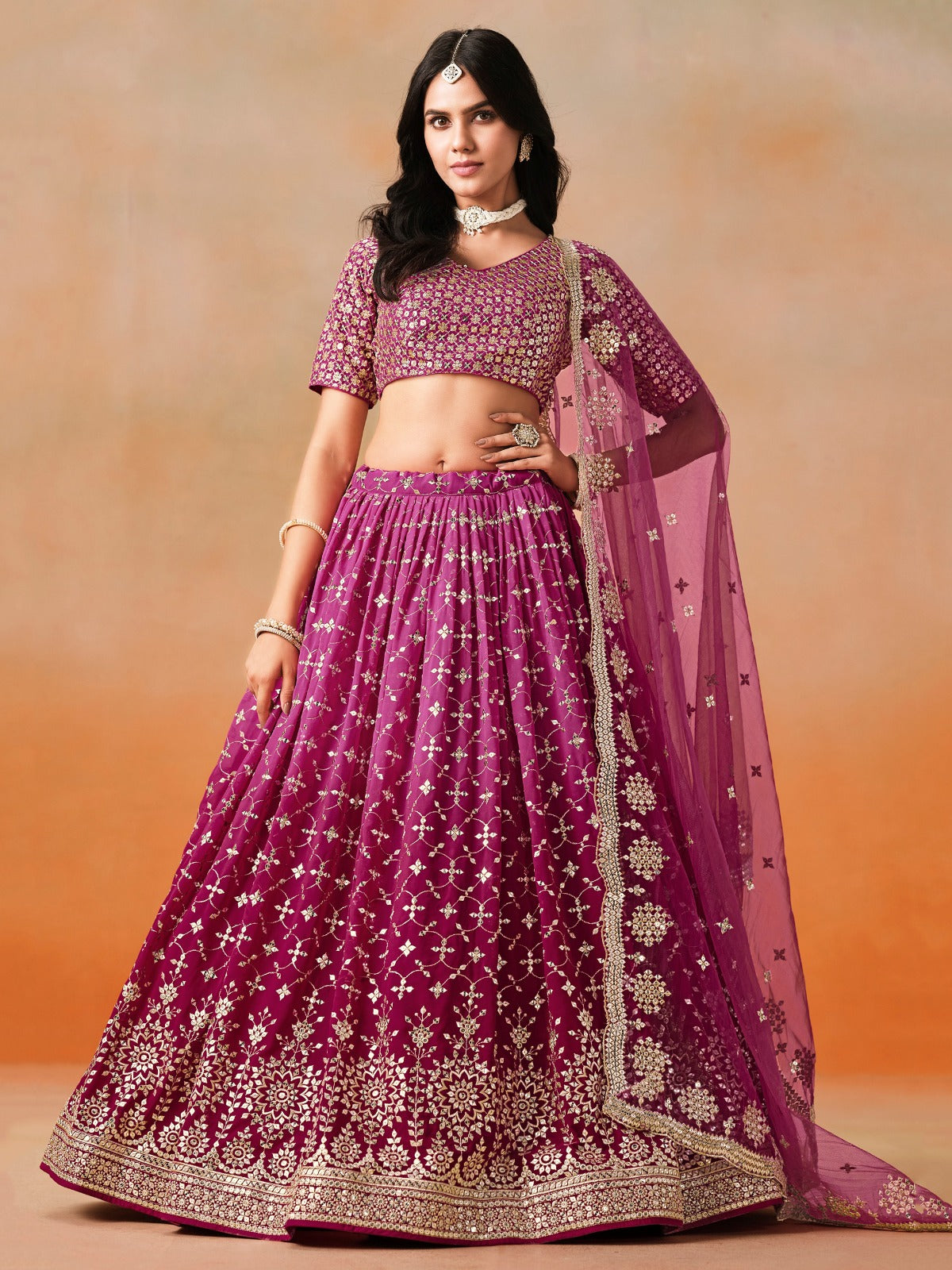 RED PINK GEORGETTE WEDDING LEHENGA