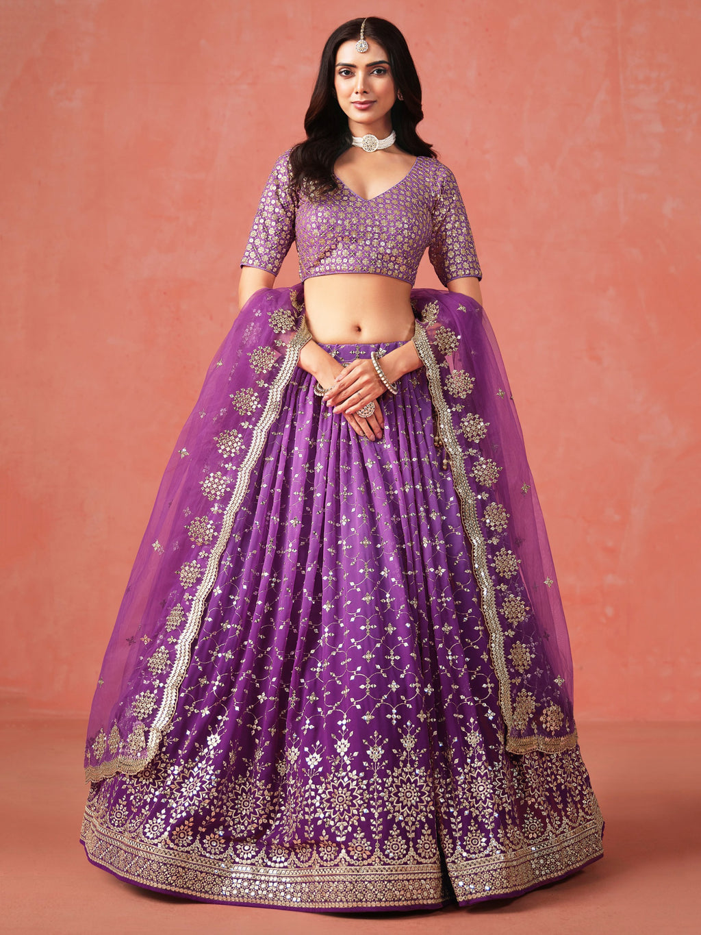 PURPLE GEORGETTE WEDDING LEHENGA