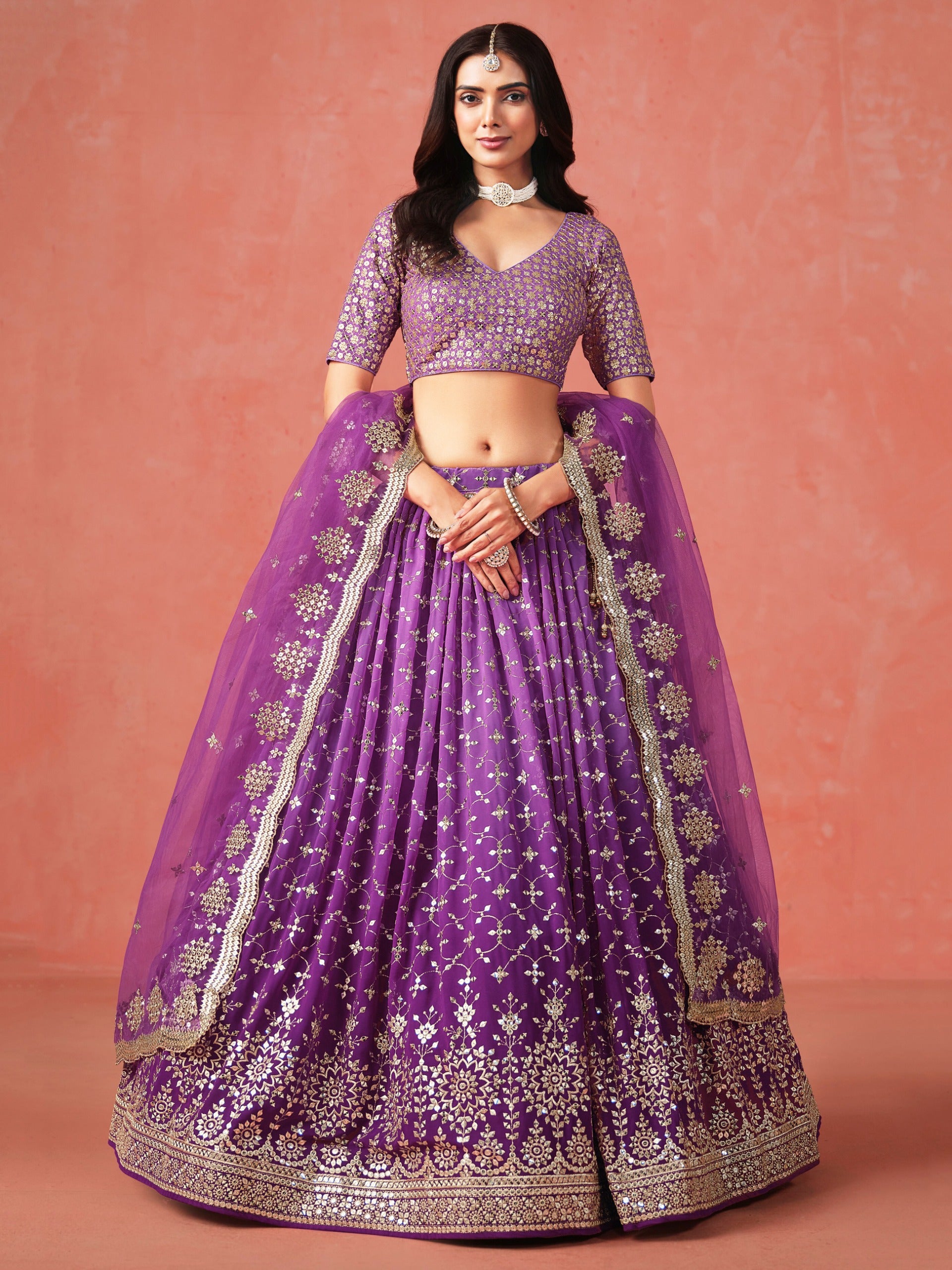 PURPLE GEORGETTE WEDDING LEHENGA
