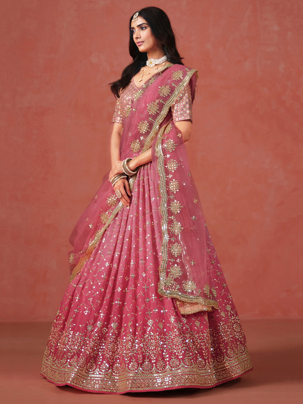 PEACH GEORGETTE WEDDING LEHENGA