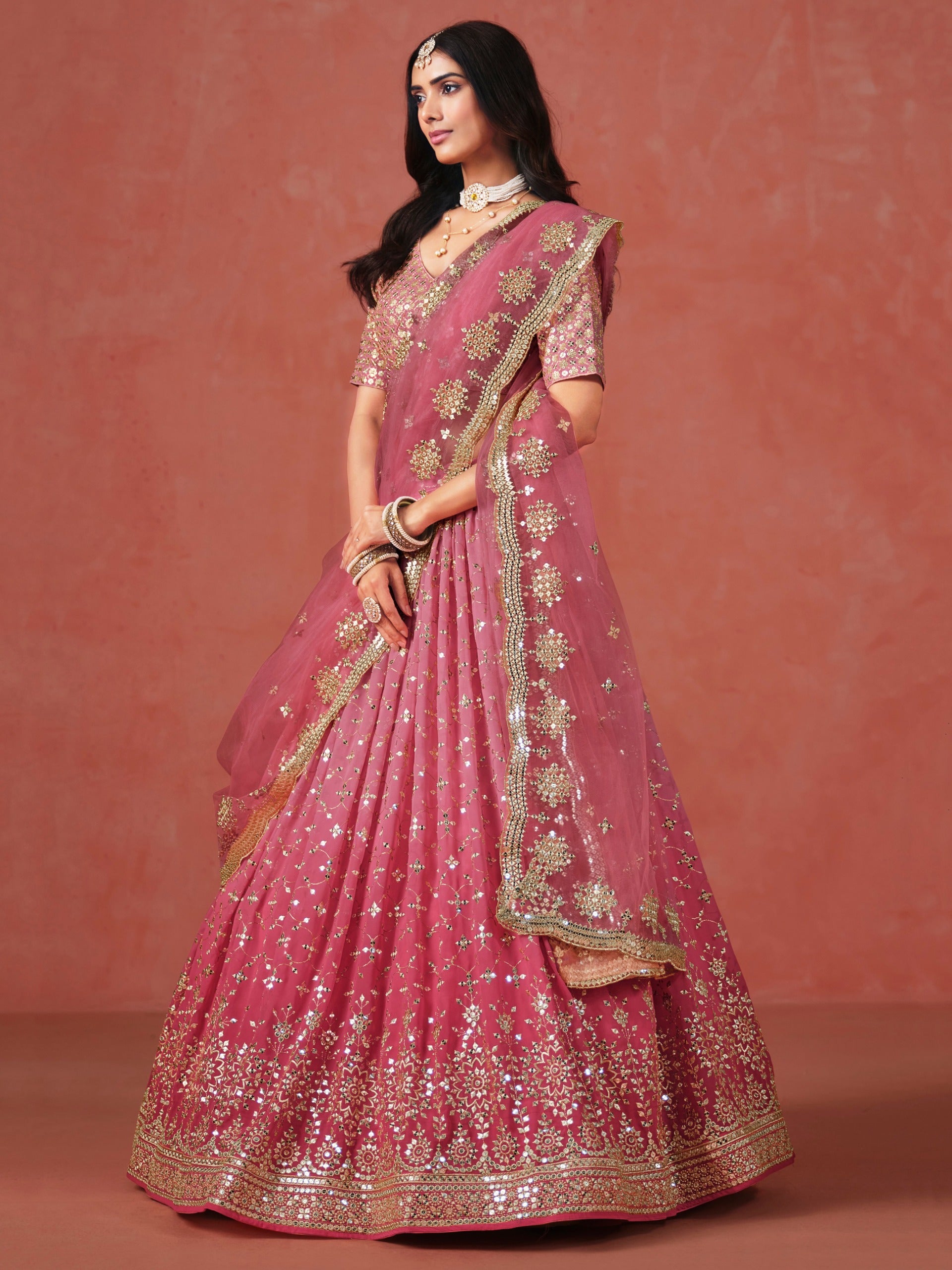 PEACH GEORGETTE WEDDING LEHENGA