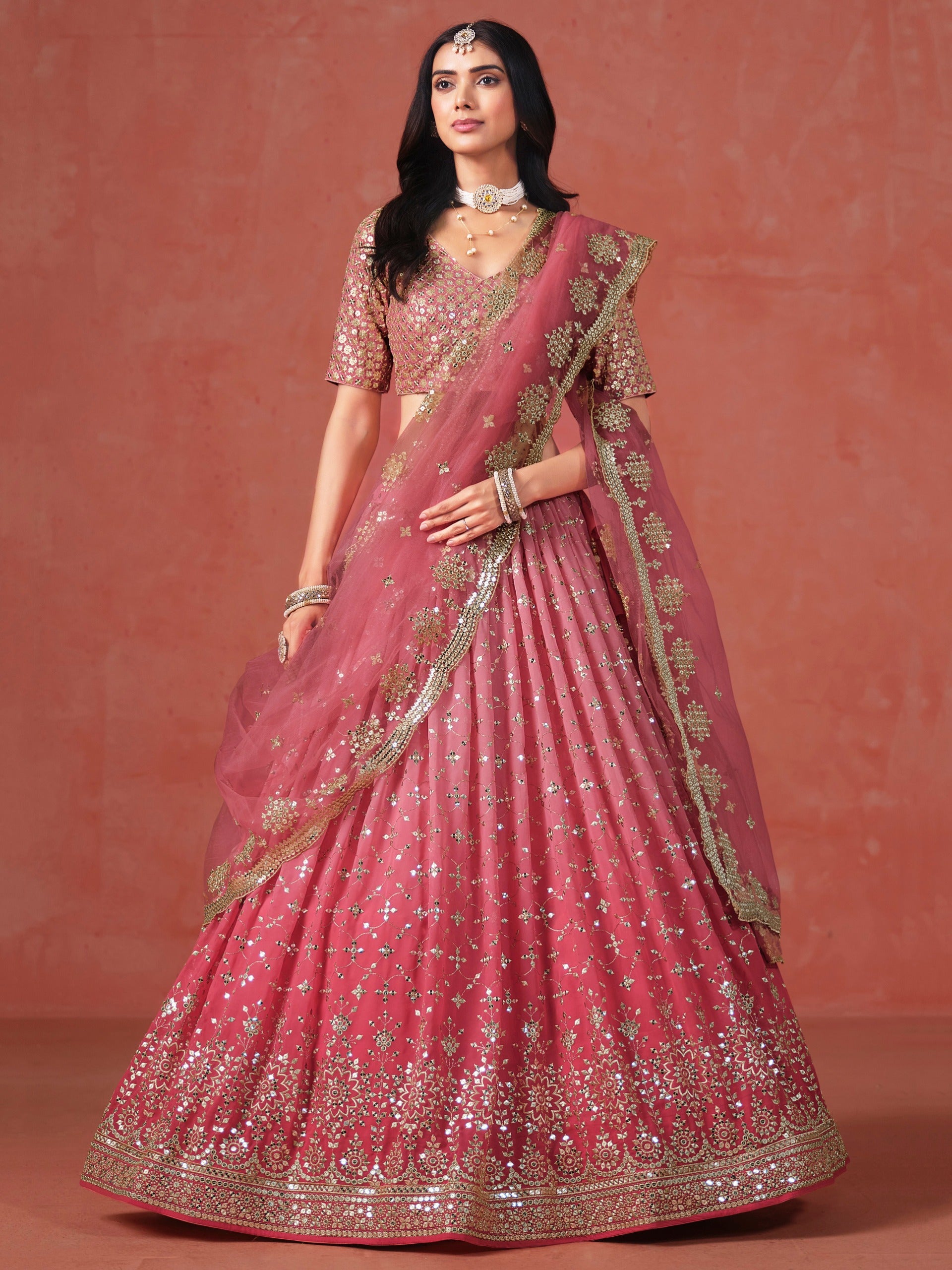 PEACH GEORGETTE WEDDING LEHENGA