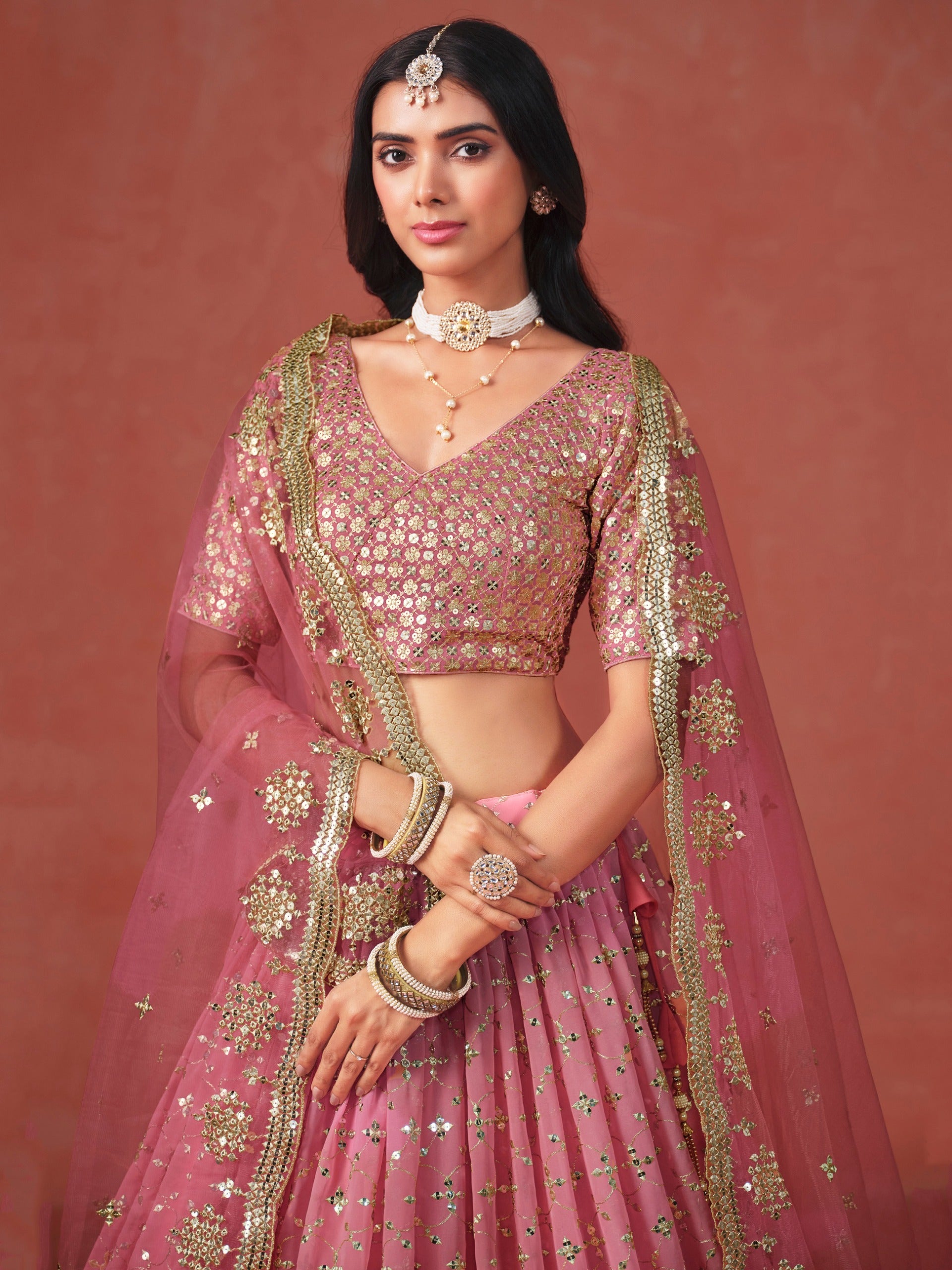 PEACH GEORGETTE WEDDING LEHENGA