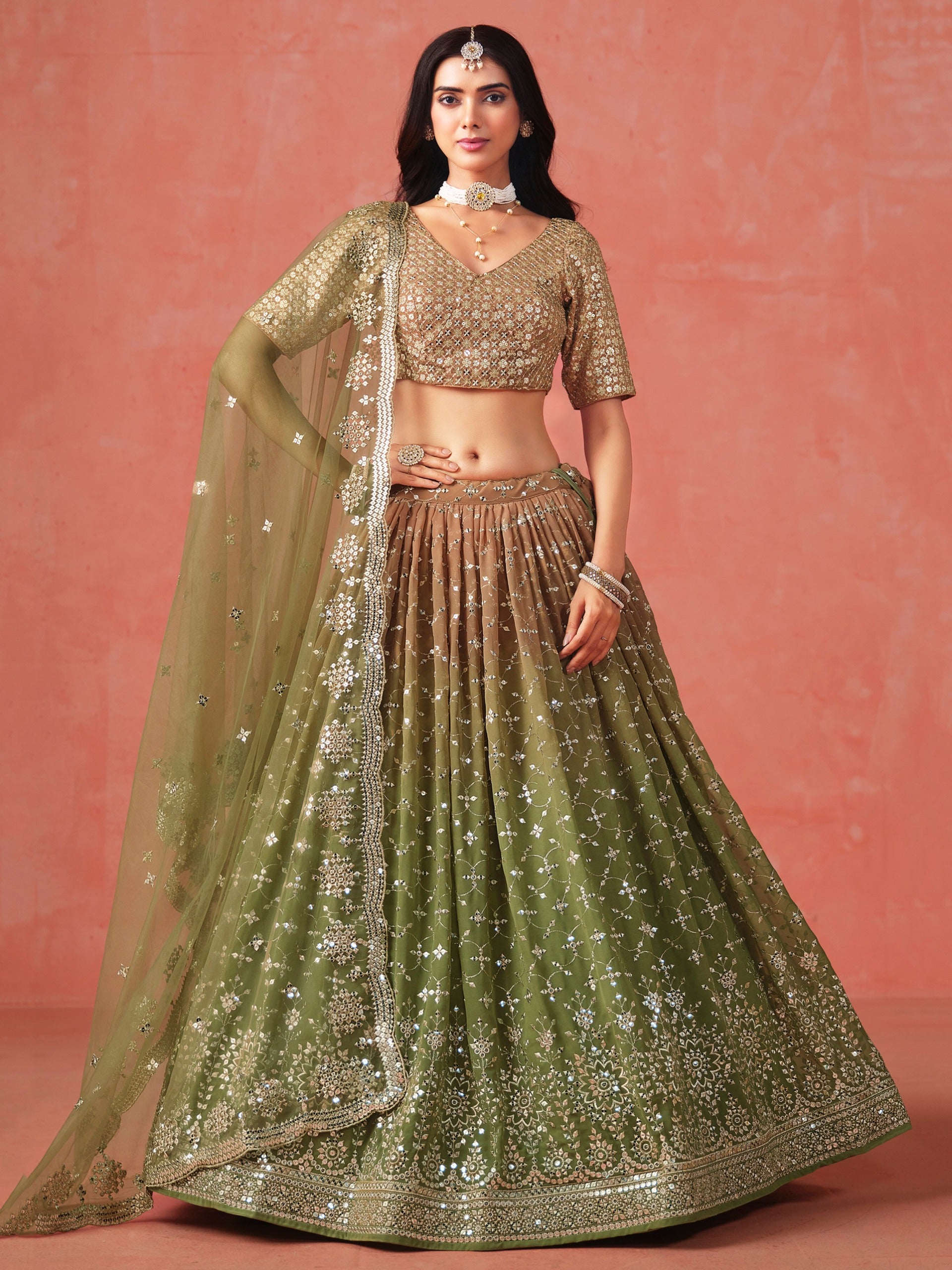 MEHENDI GREEN GEORGETTE WEDDING LEHENGA