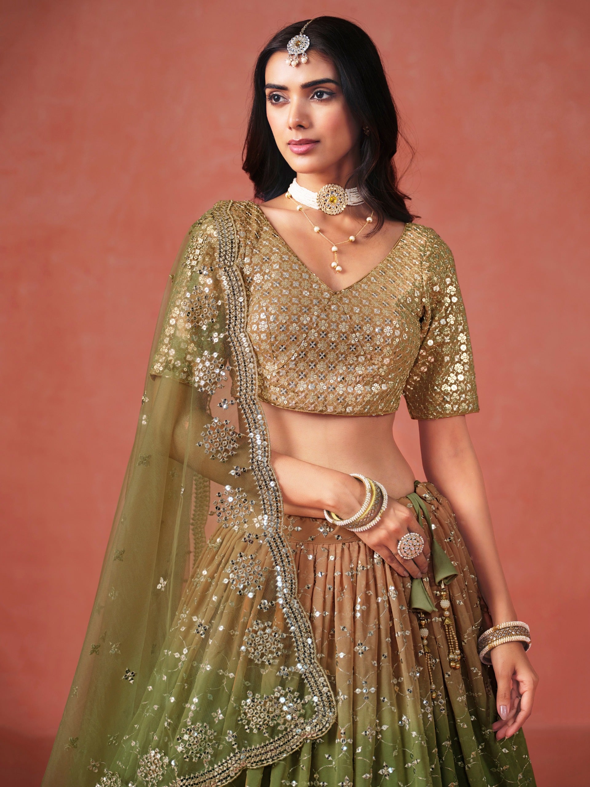 MEHENDI GREEN GEORGETTE WEDDING LEHENGA