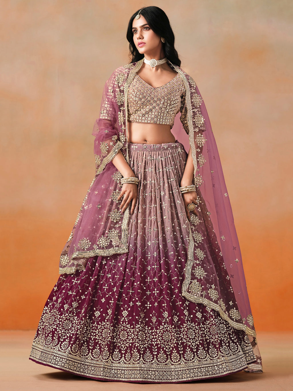 MAROON OMBRE GEORGETTE WEDDING LEHENGA