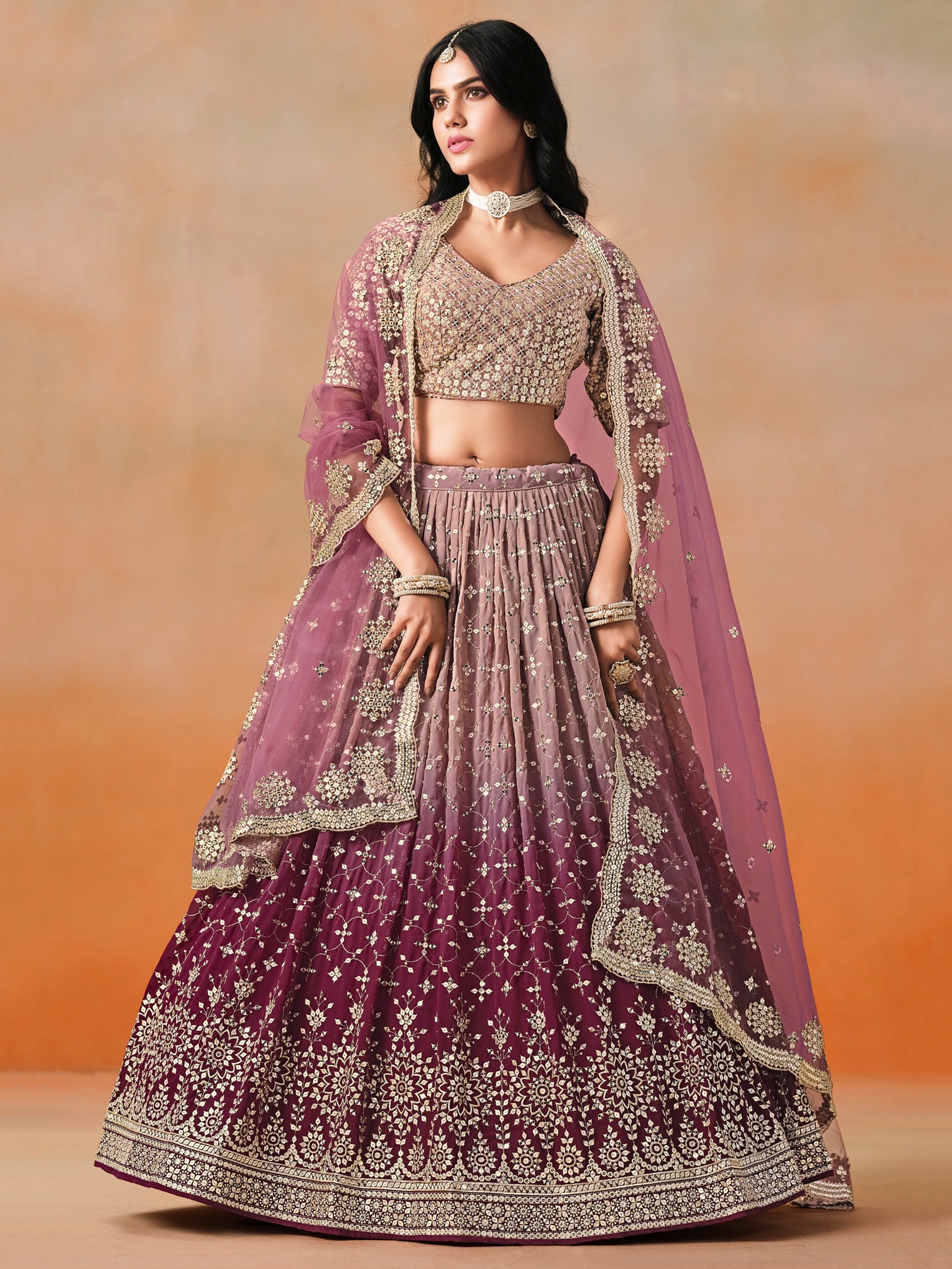 MAROON OMBRE GEORGETTE WEDDING LEHENGA