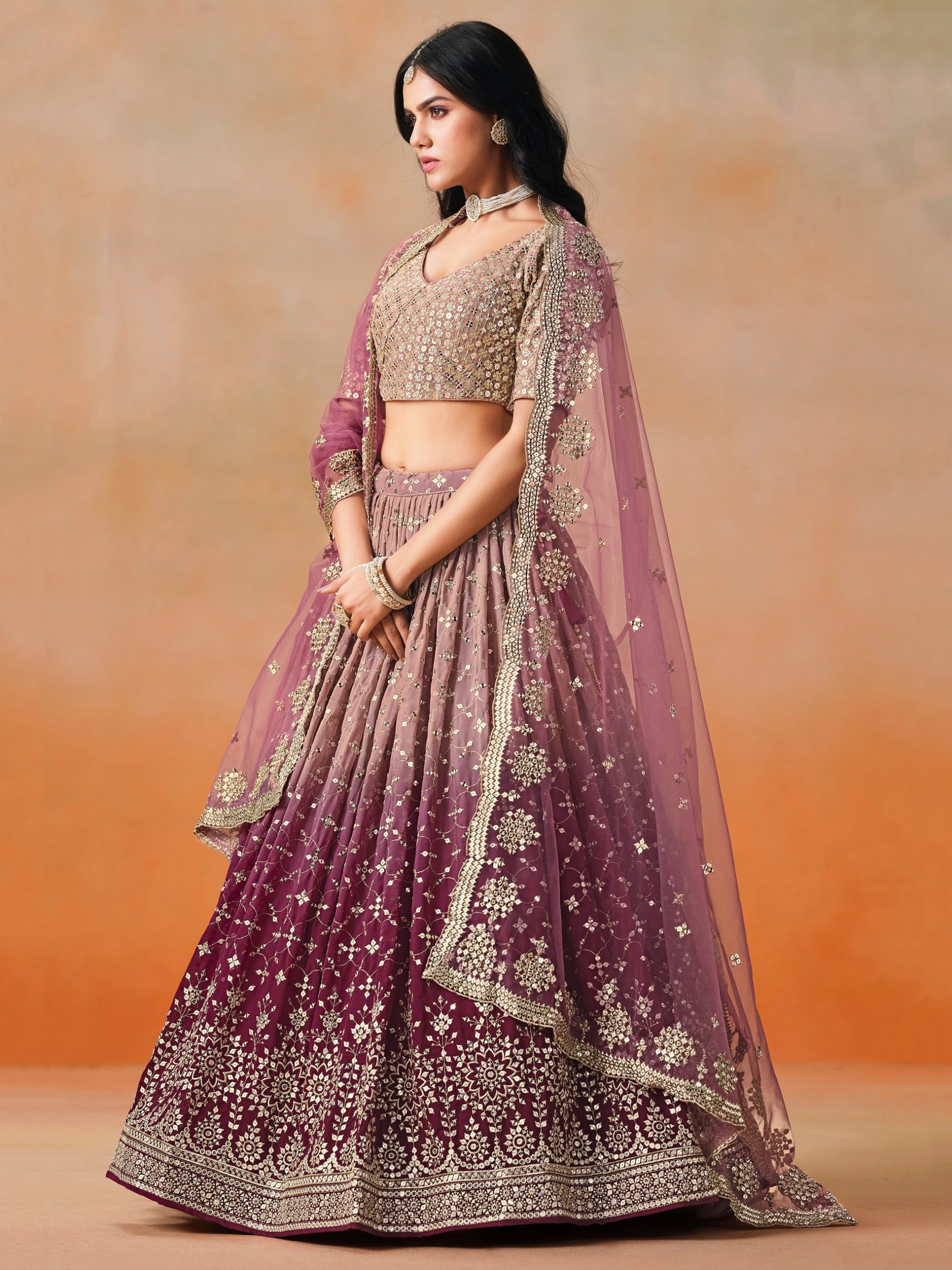 MAROON OMBRE GEORGETTE WEDDING LEHENGA