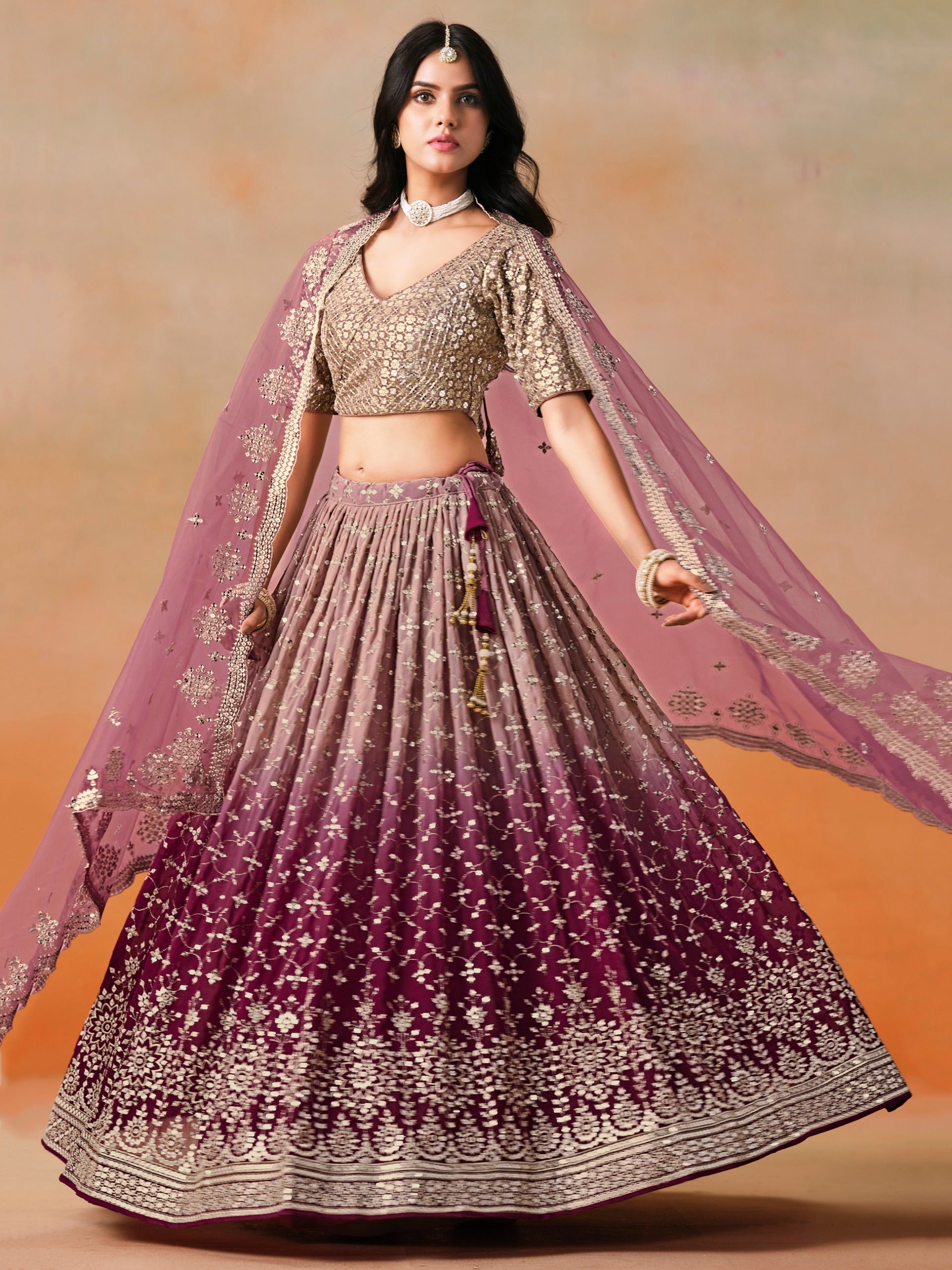 MAROON OMBRE GEORGETTE WEDDING LEHENGA