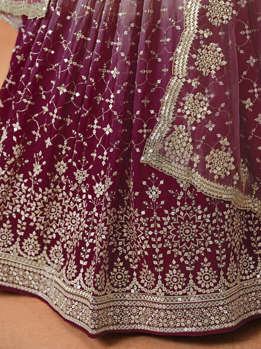 MAROON OMBRE GEORGETTE WEDDING LEHENGA