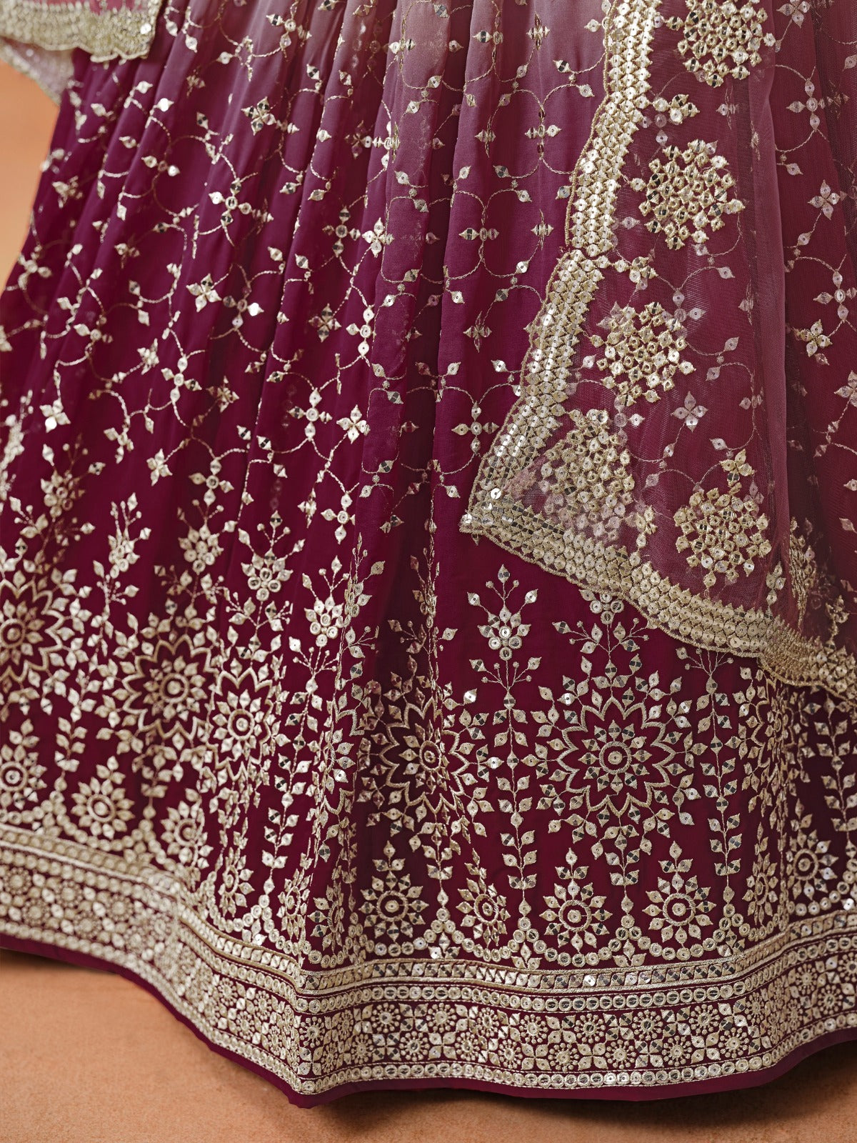MAROON OMBRE GEORGETTE WEDDING LEHENGA