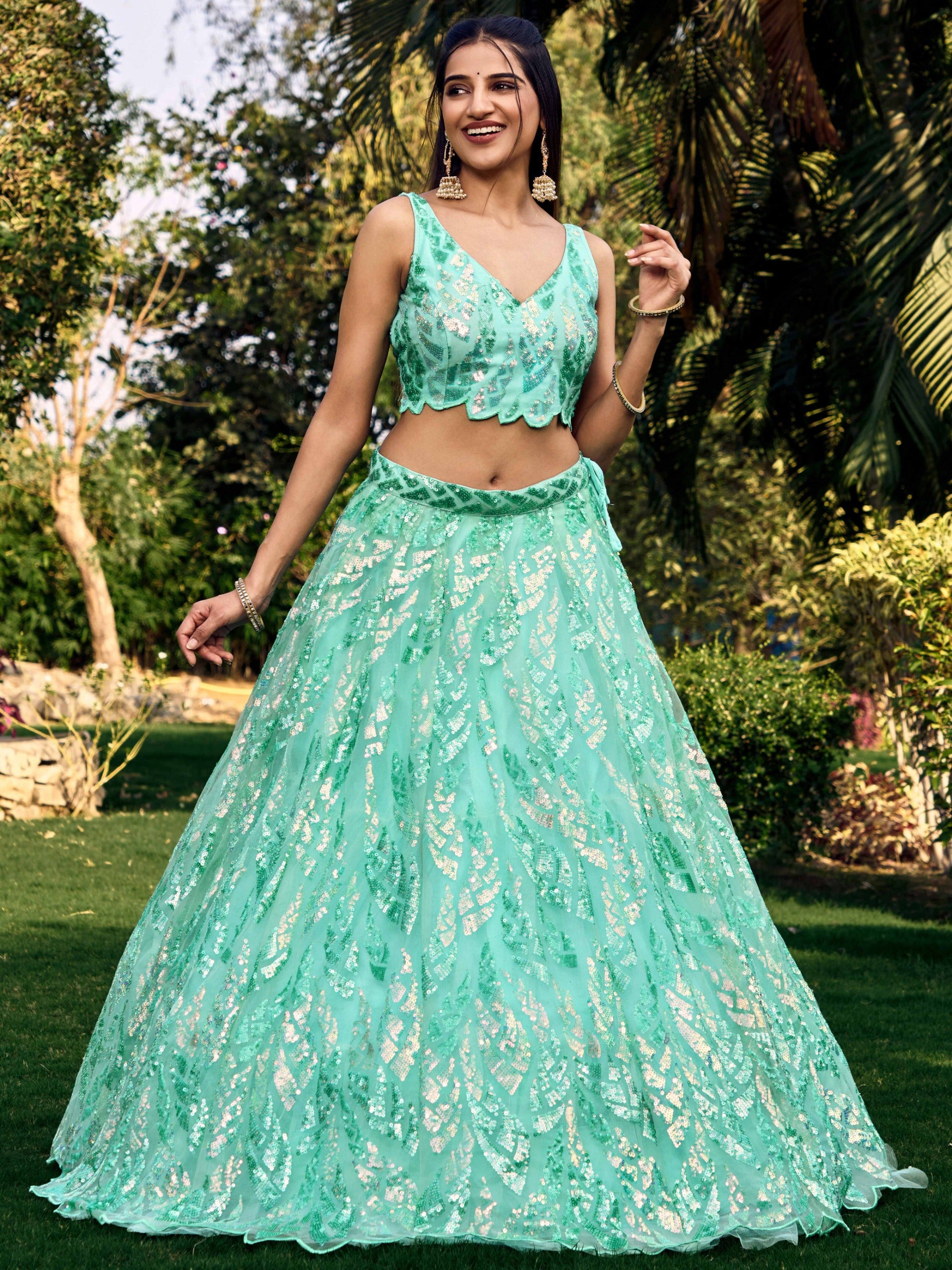 SEA BLUE HEAVY SEQUINS LEHENGA