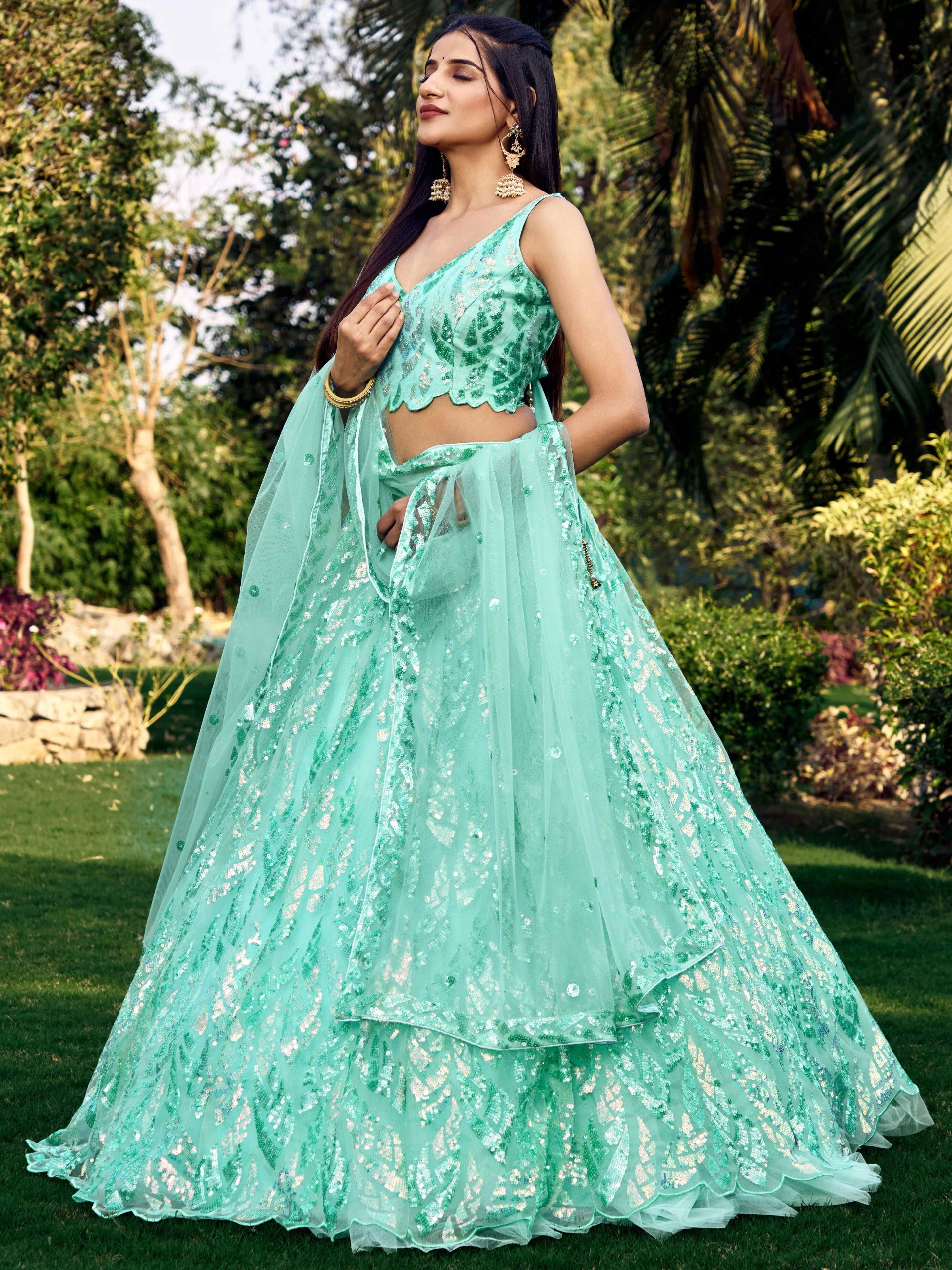 SEA BLUE HEAVY SEQUINS LEHENGA