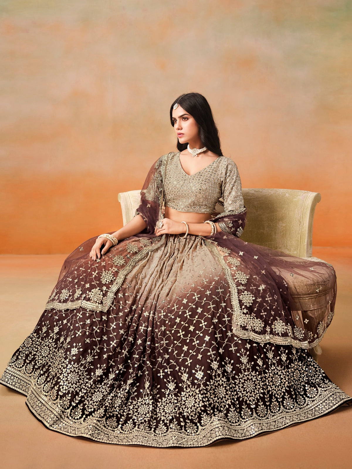 BEIGE BROWN OMBRE WEDDING LEHENGA