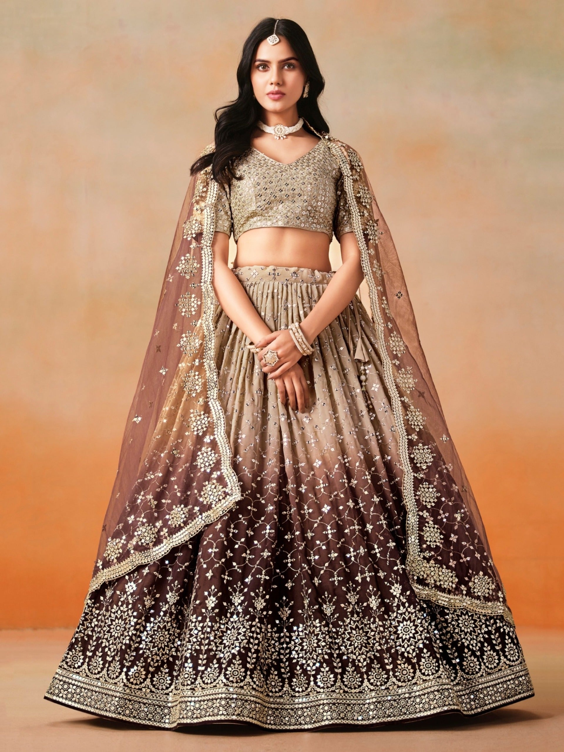 BEIGE BROWN OMBRE WEDDING LEHENGA