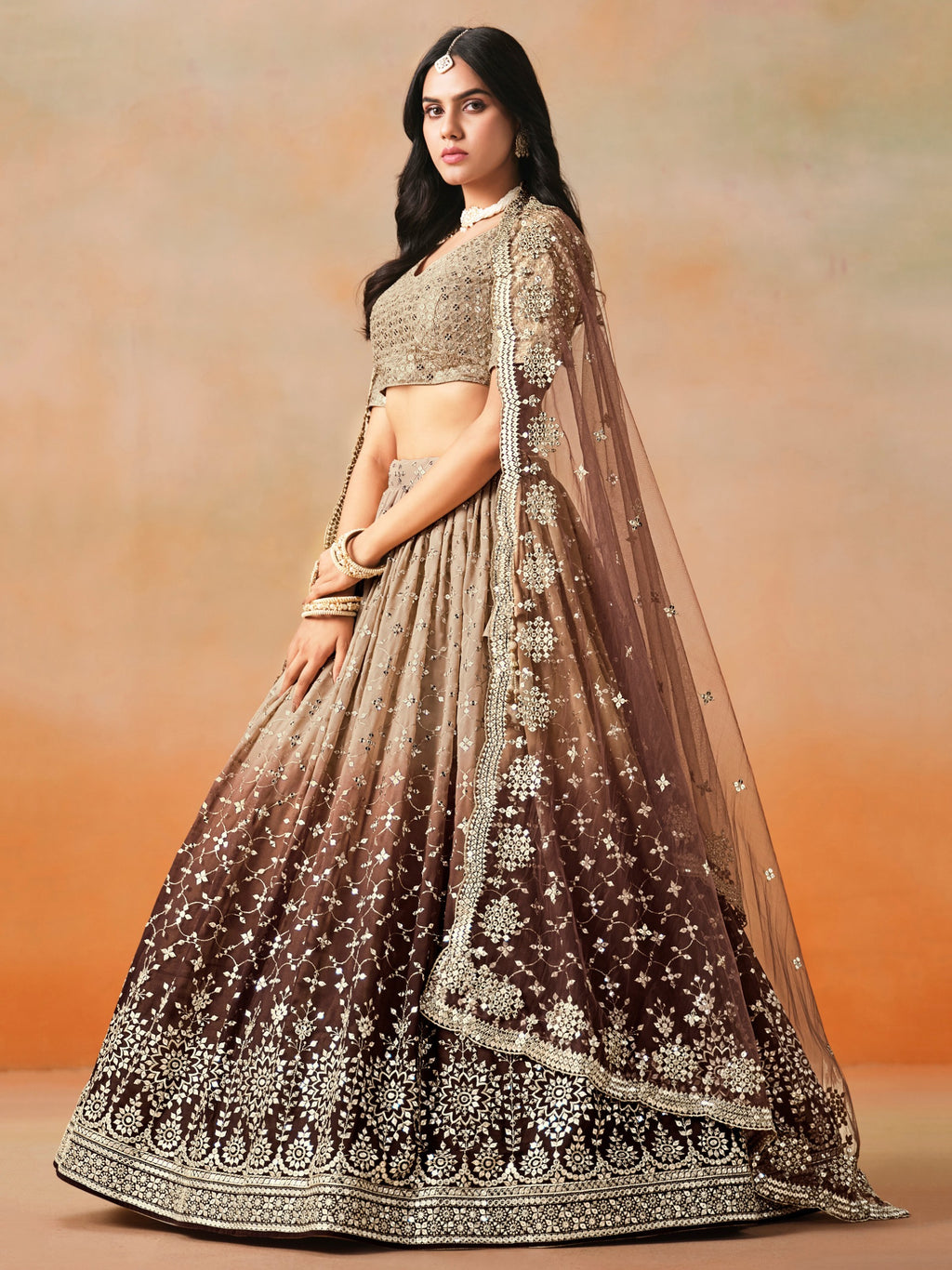 BEIGE BROWN OMBRE WEDDING LEHENGA
