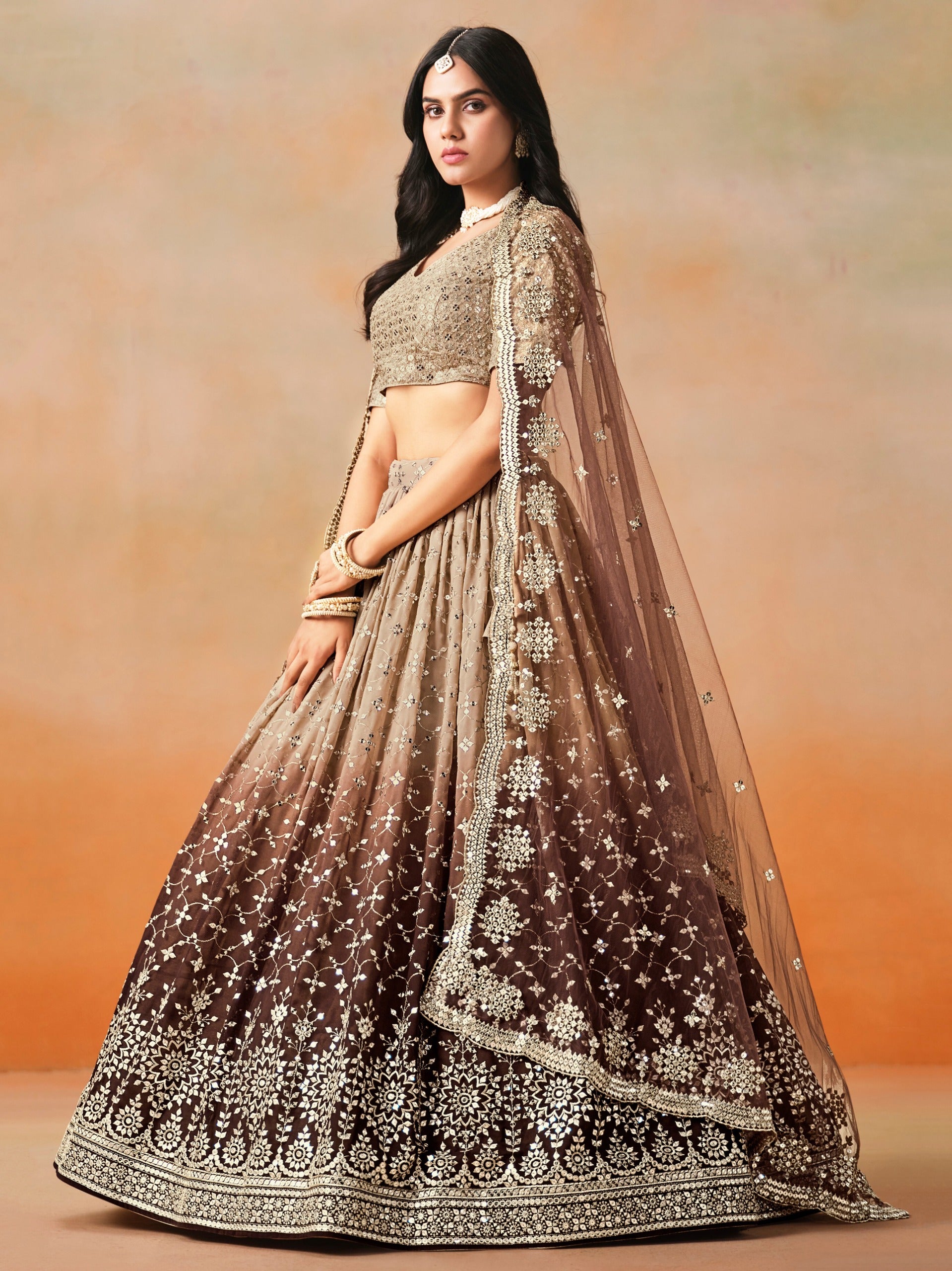 BEIGE BROWN OMBRE WEDDING LEHENGA